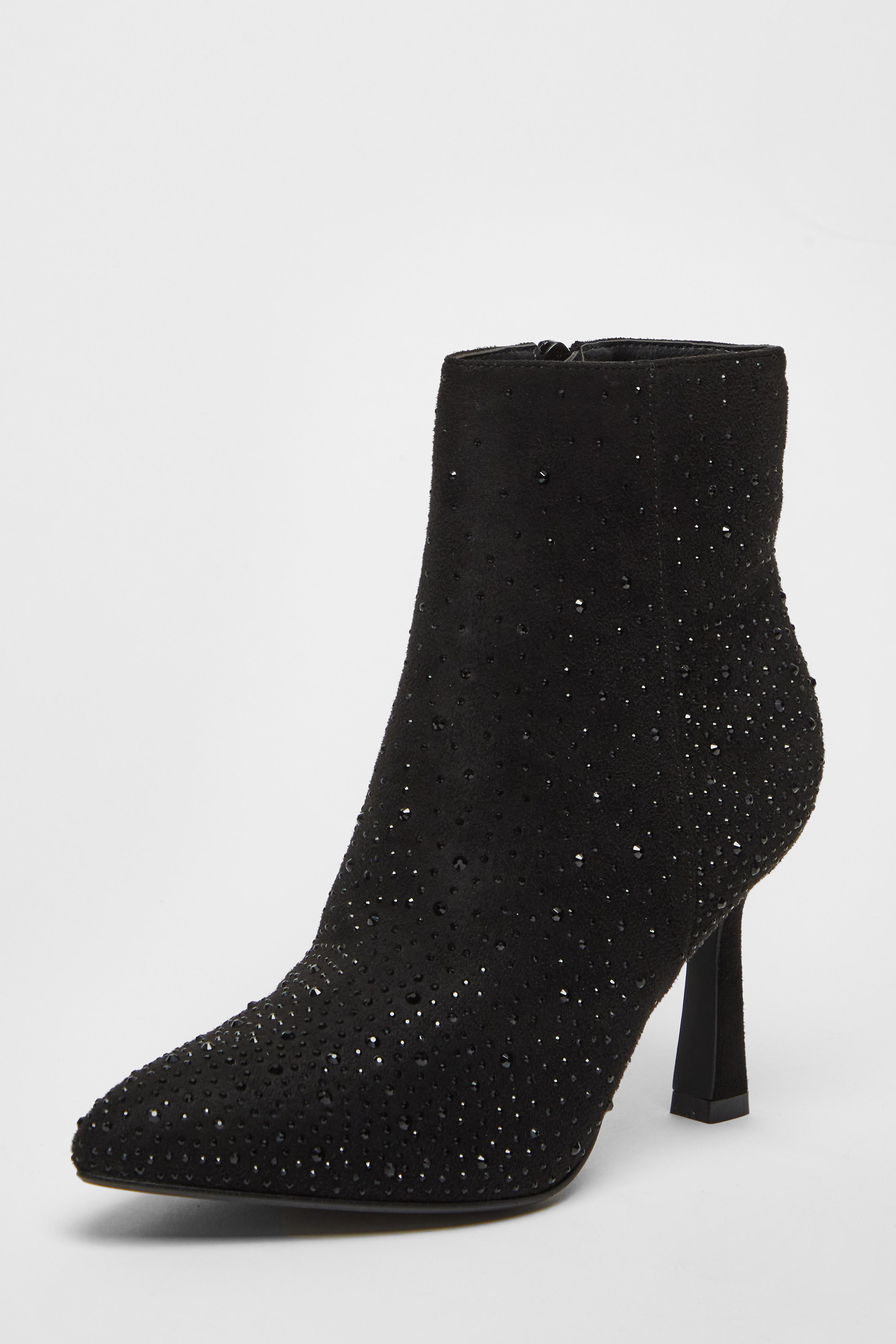 Black Embellished High Heel Ankle Boots QUIZ Clothing