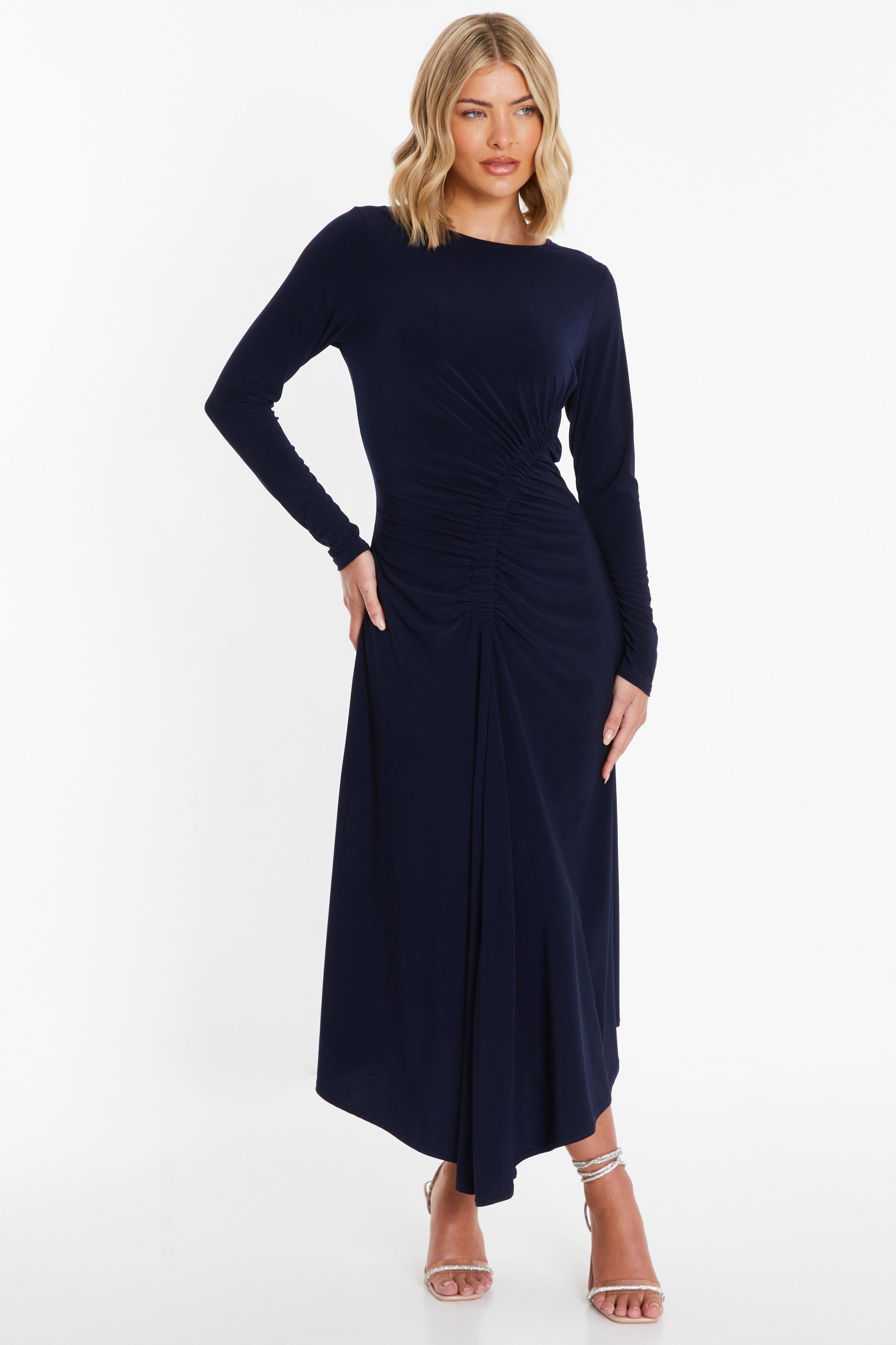 Navy Ruched Long sleeve Midi Dress