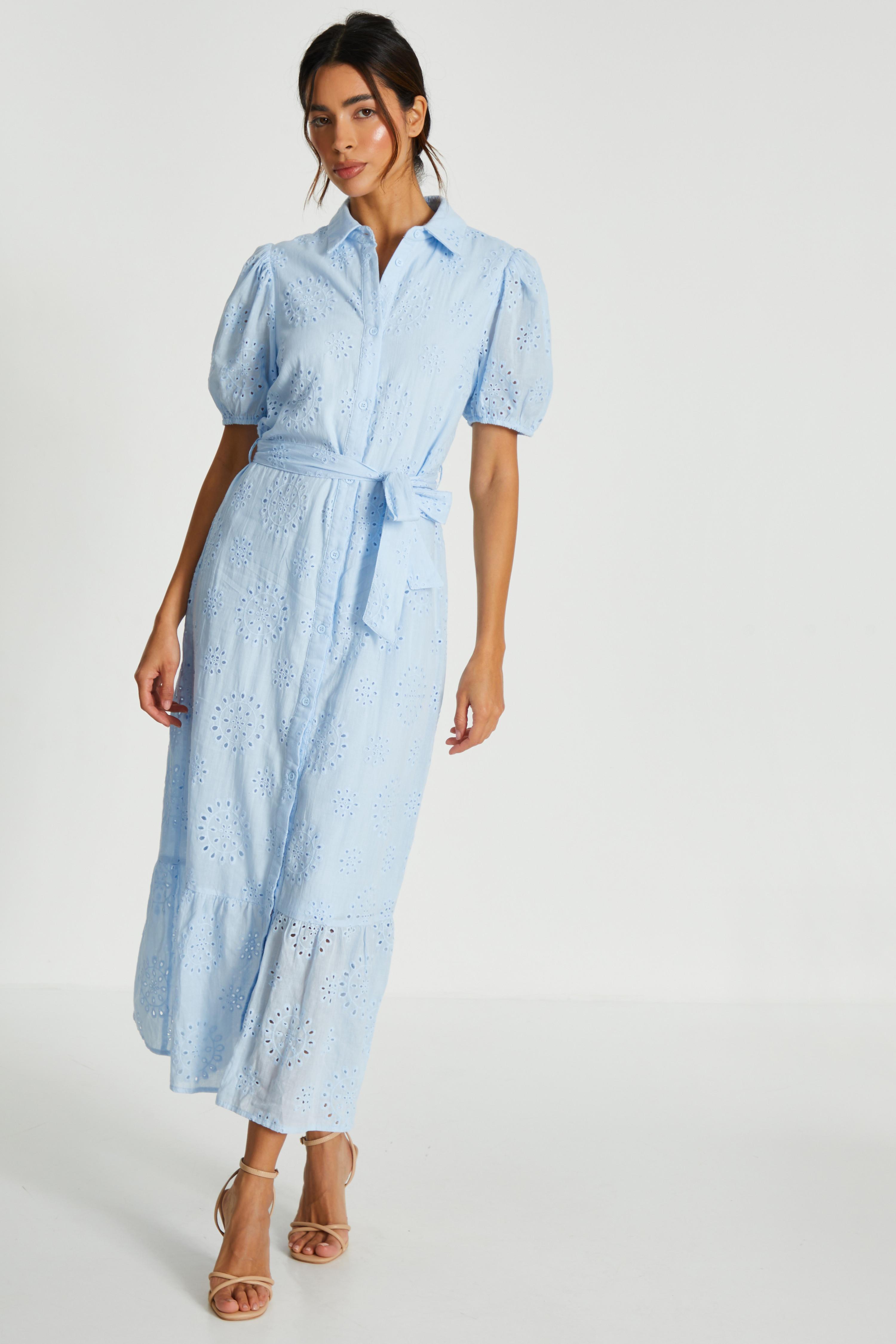 Blue Embroidered Midaxi Shirt Dress QUIZ Clothing