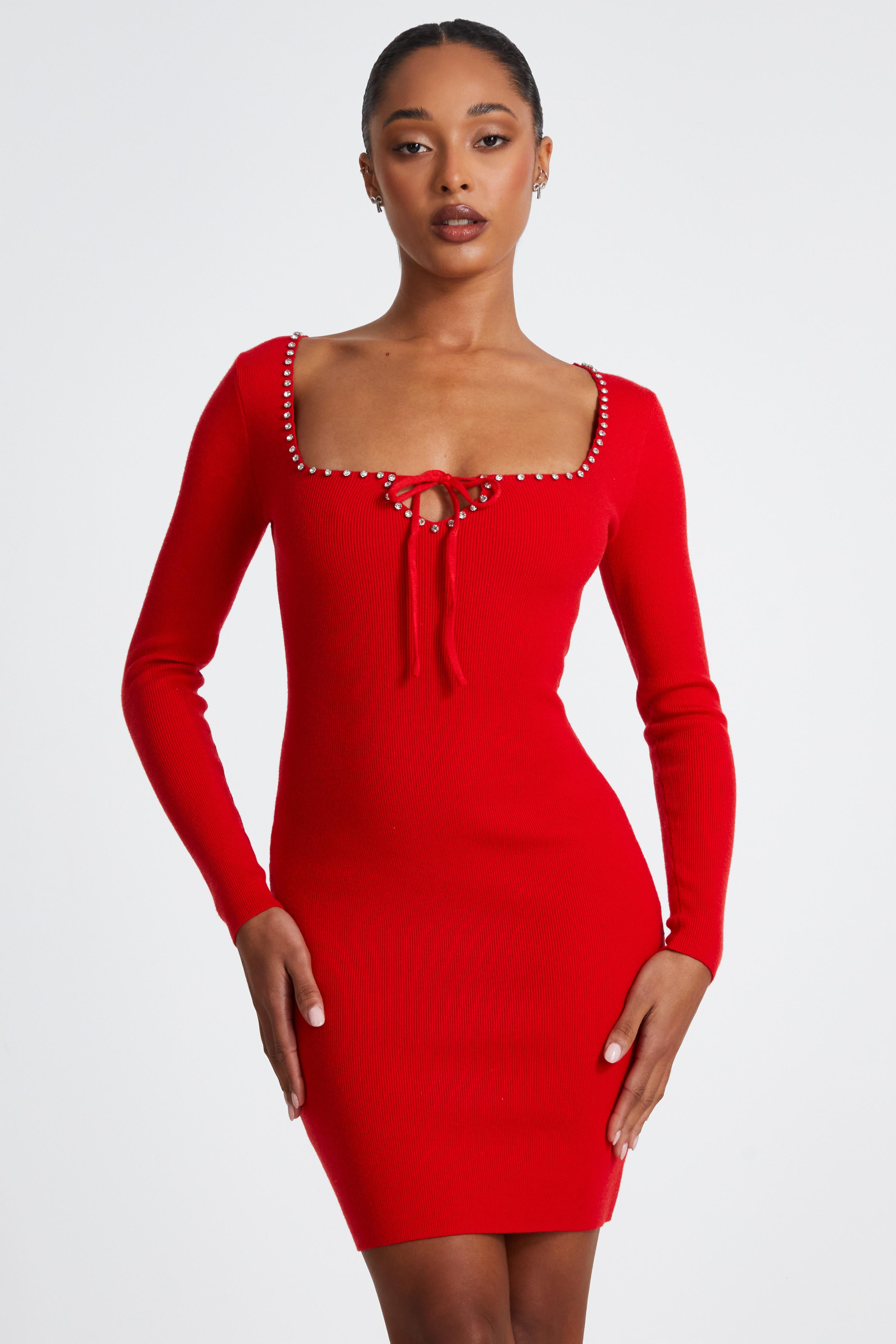 Red Diamante Trim Jumper Dress QUIZ Clothing