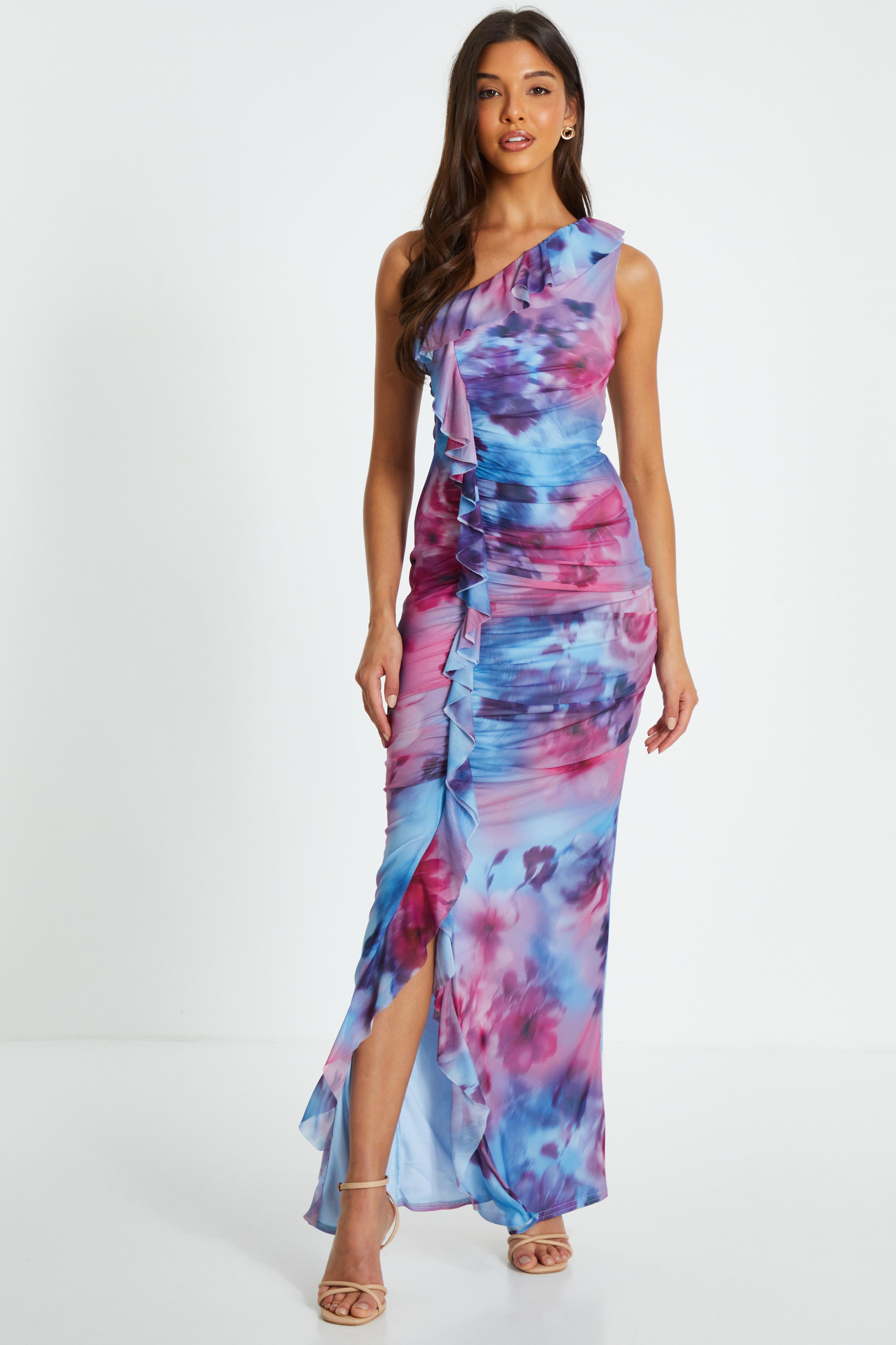 Berry Floral Ruched One Shoulder Maxi Dress QUIZ Clothing