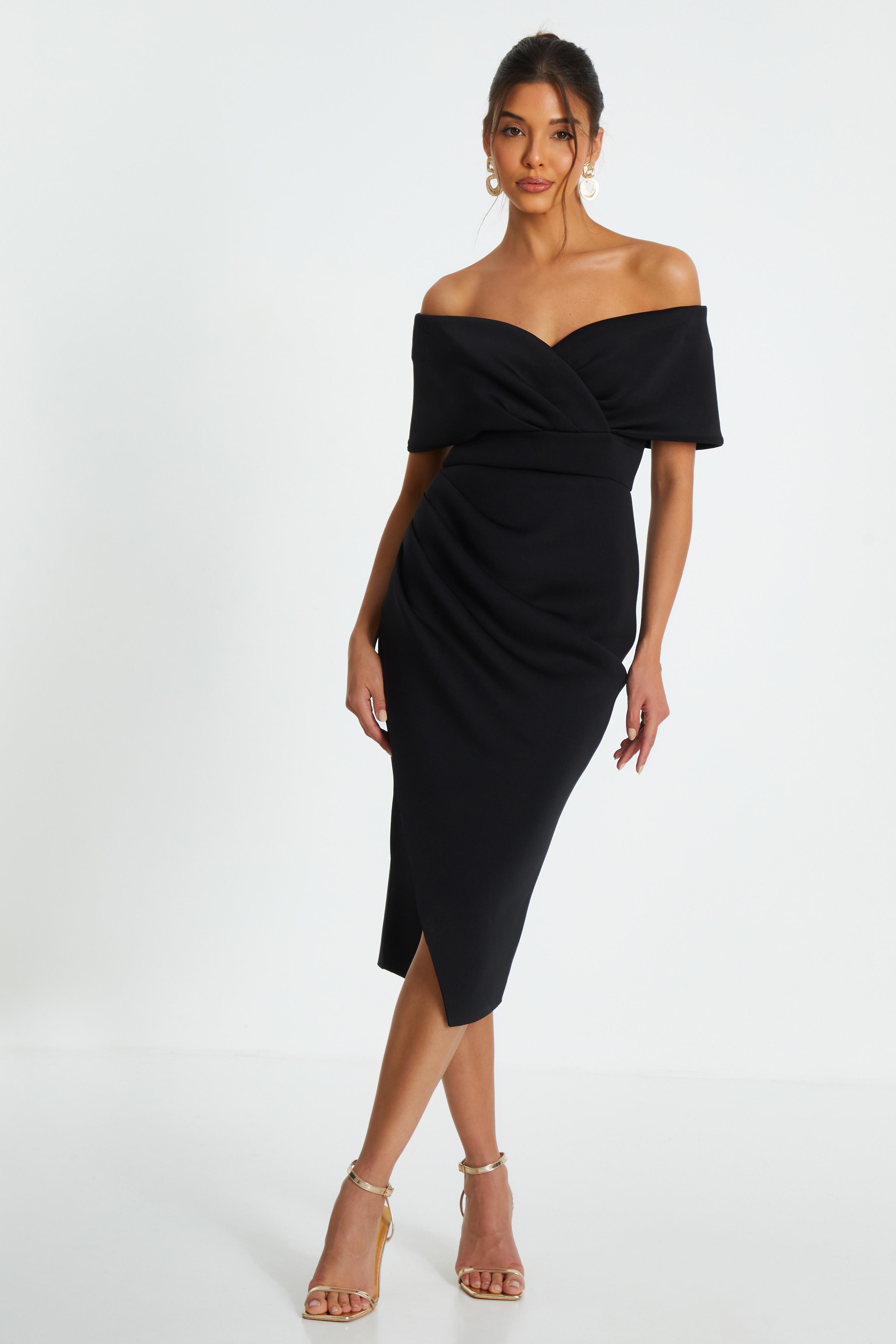 Black Bardot Ruched Wrap Midi Dress QUIZ Clothing