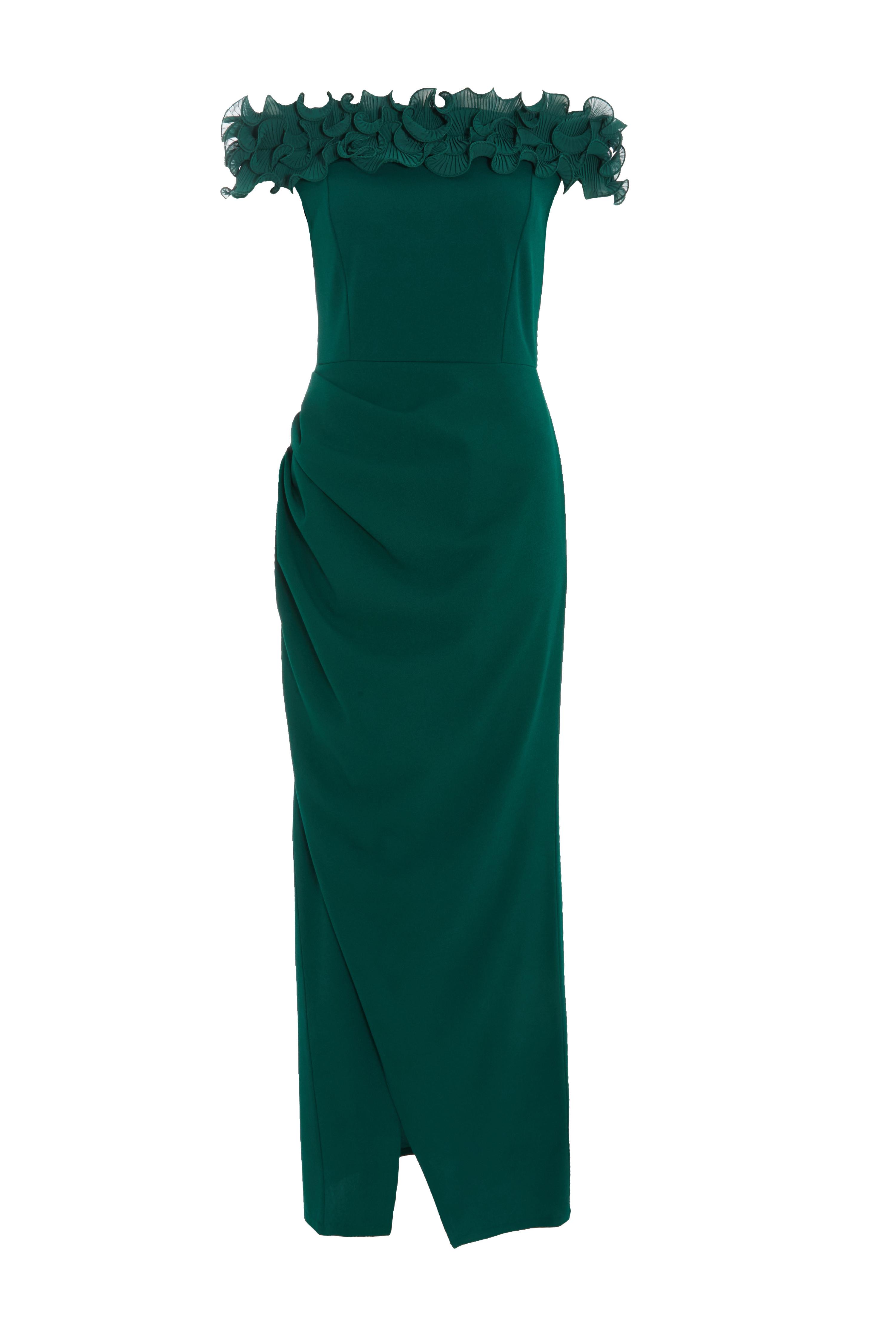 Bottle Green Ruffle Bardot Maxi Dress QUIZ Clothing