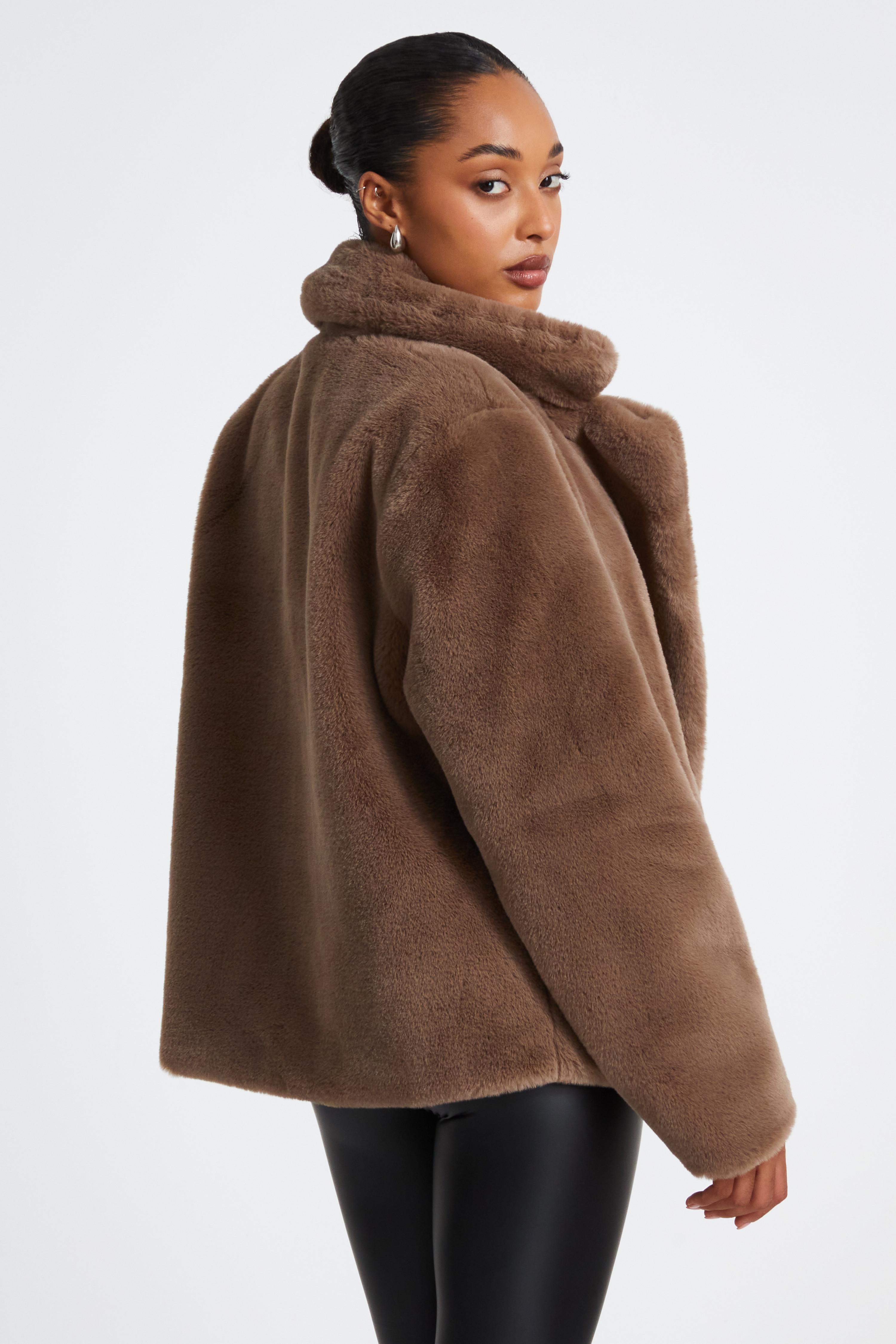 Brown faux fur coat with hood online