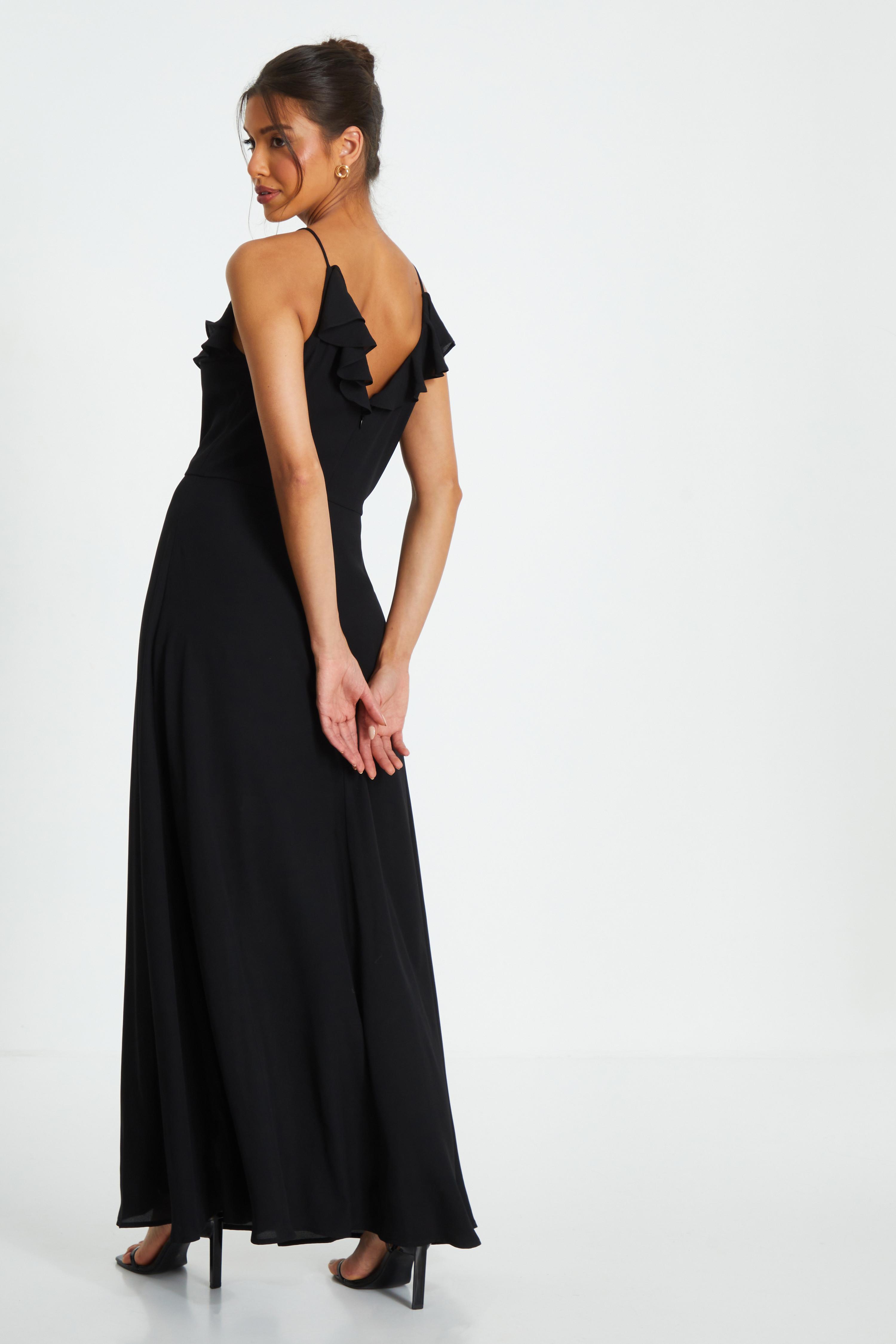 Black Strappy Ruffle Chiffon Maxi Dress QUIZ Clothing
