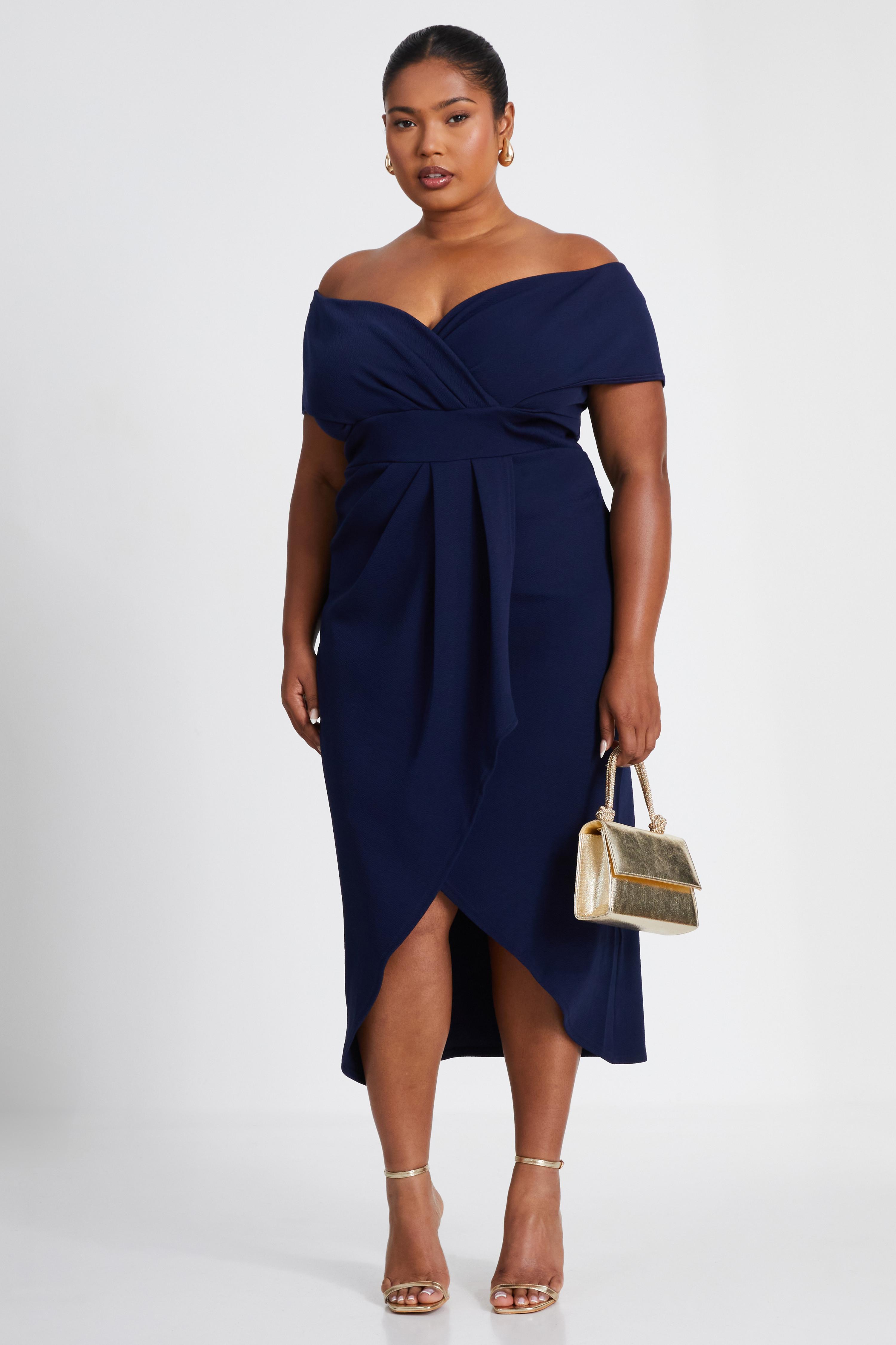 Navy Curve Bardot Wrap Midi Dress - QUIZ Clothing