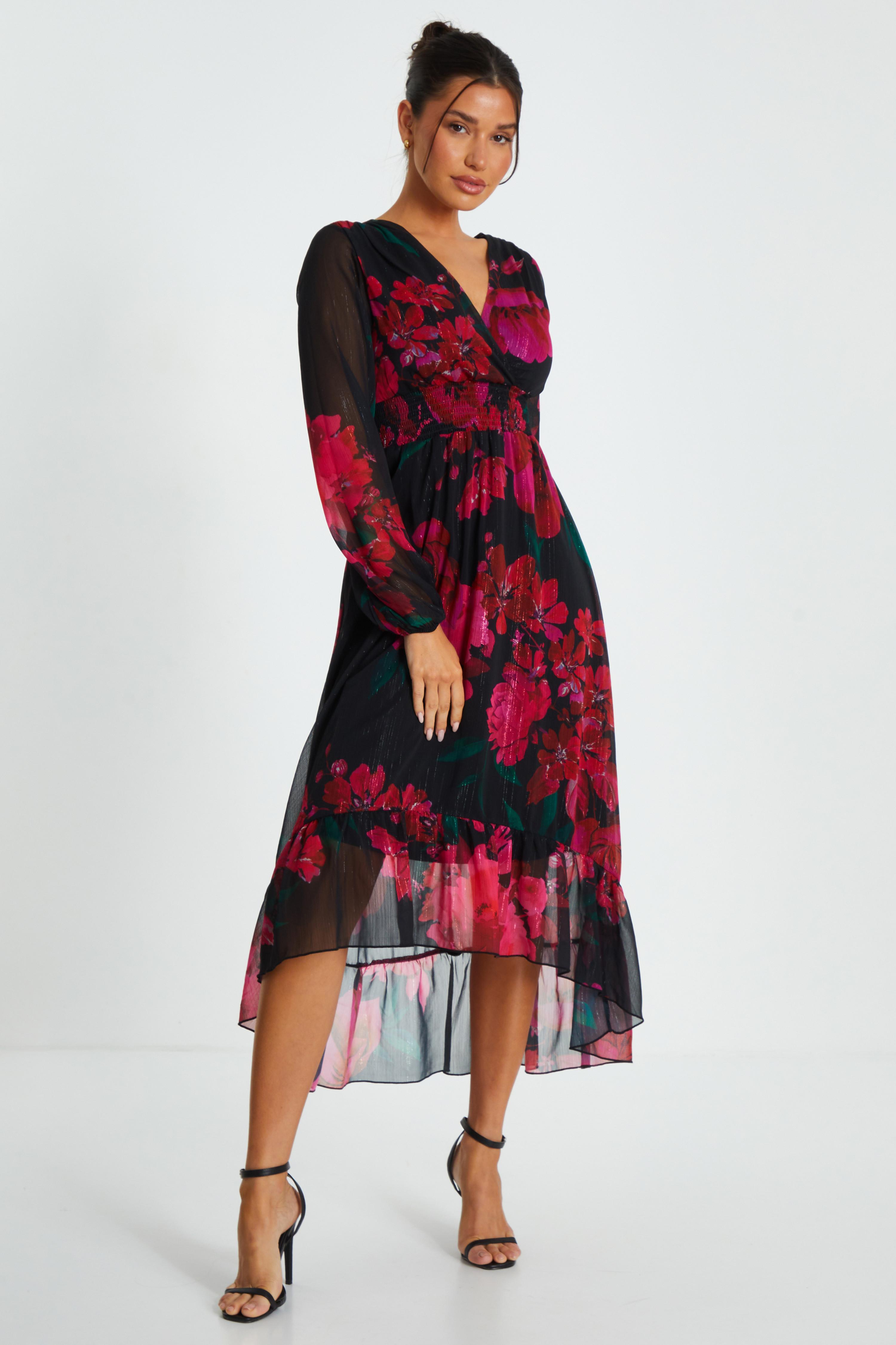 Black Floral Chiffon Dip Hem Dress QUIZ Clothing