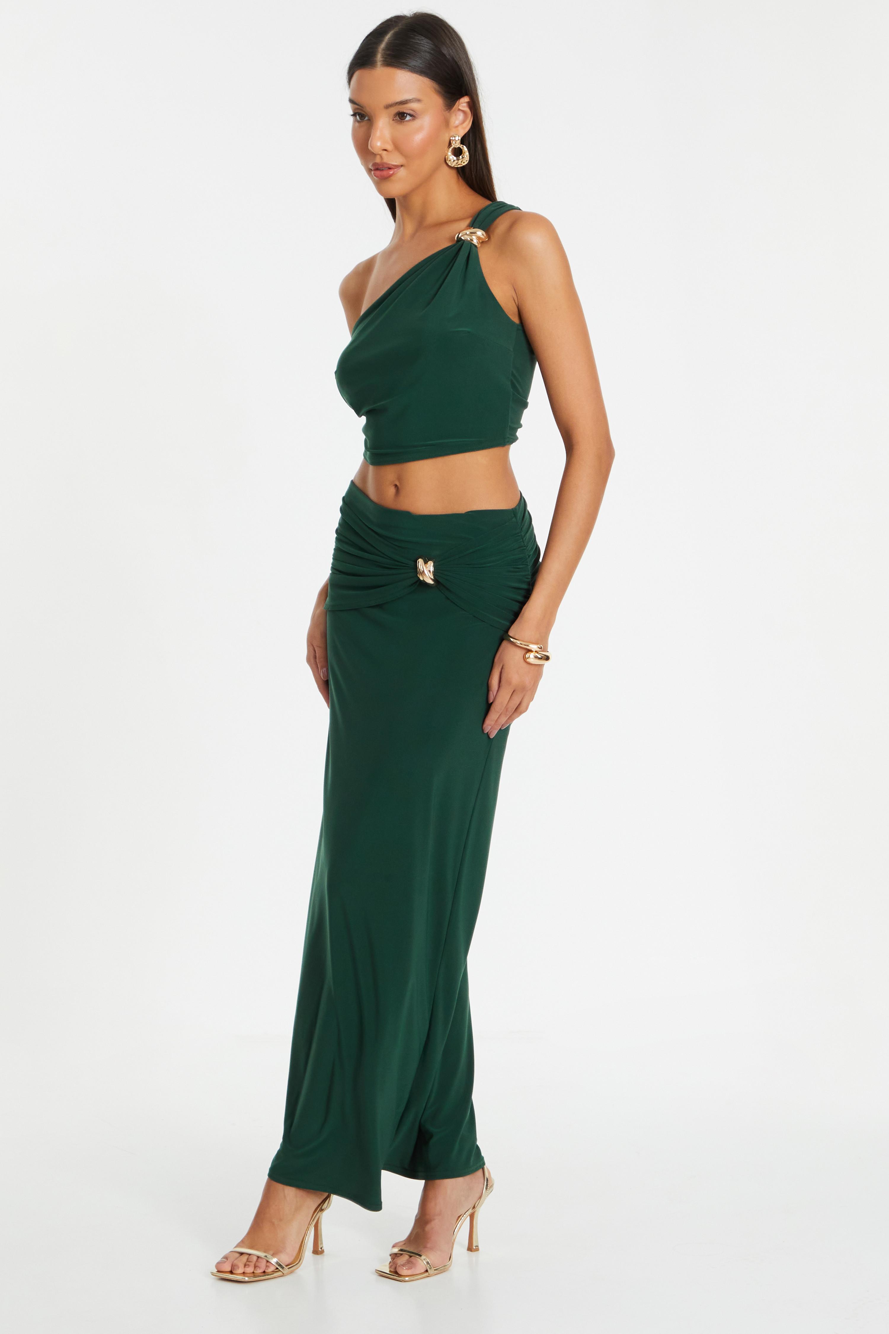 Bottle Green One Shoulder Crop Top QUIZ Clothing