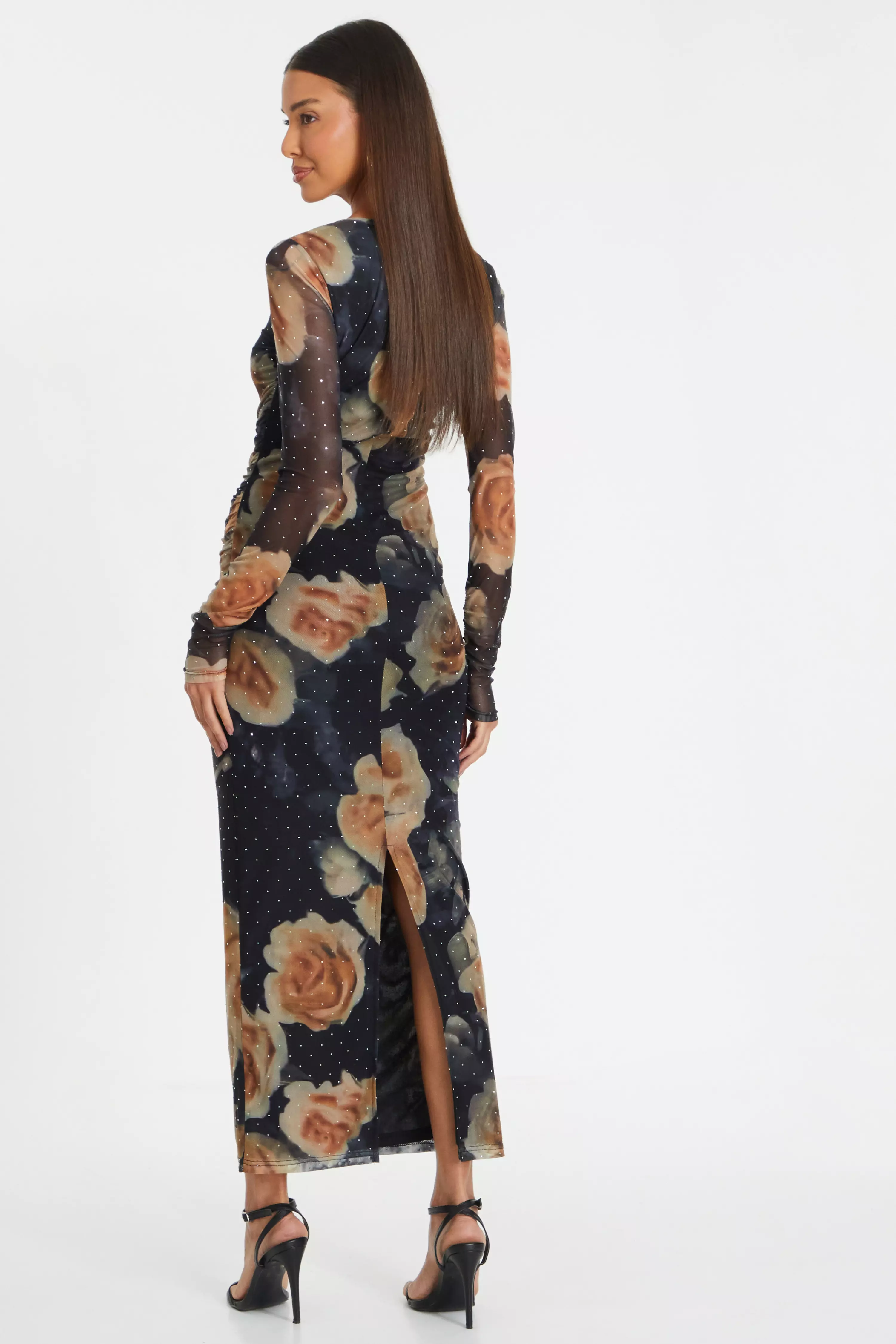 Black Floral Mesh Midaxi Dress QUIZ Clothing
