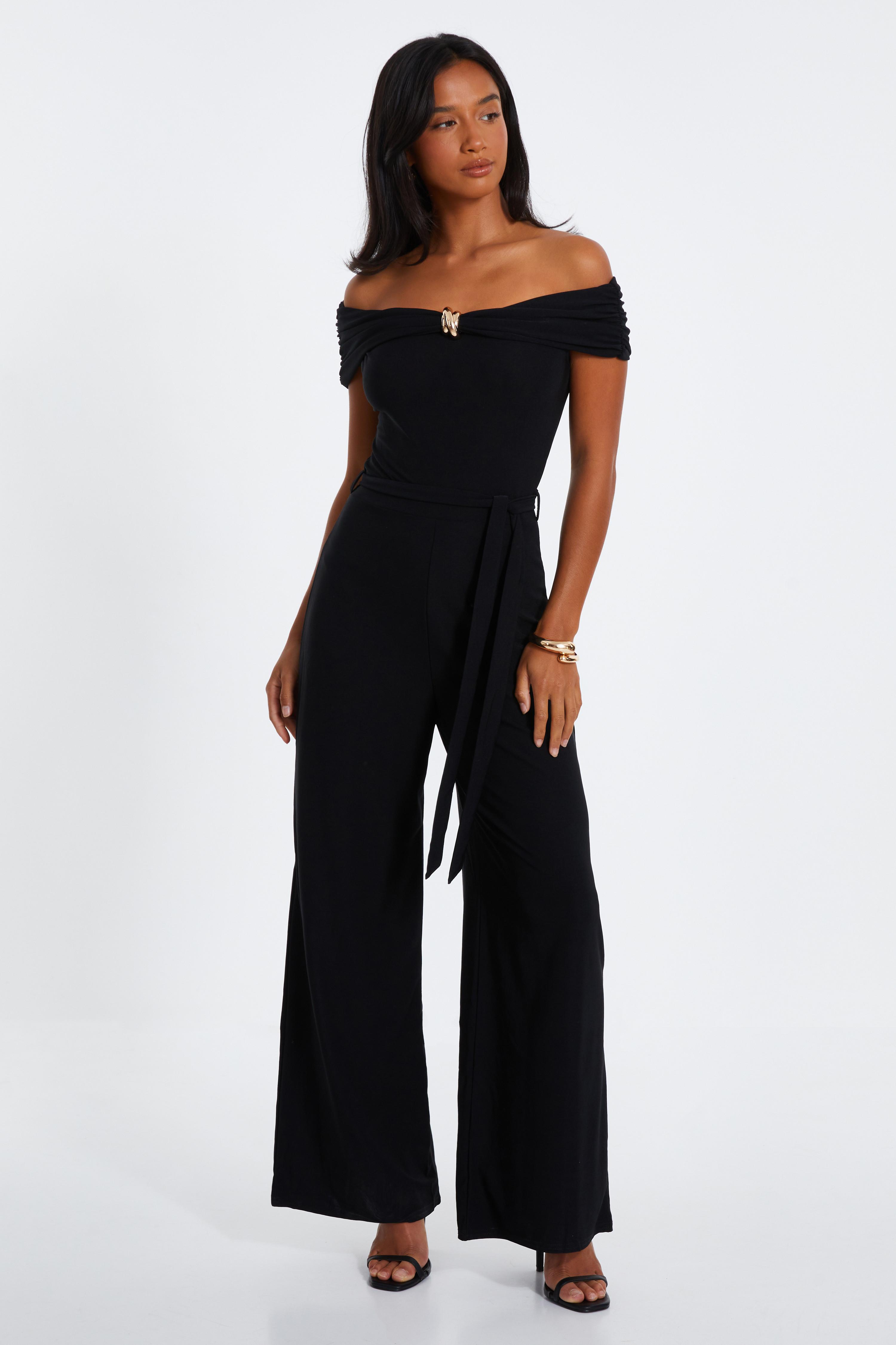 Petite Black Bardot Palazzo Jumpsuit QUIZ Clothing