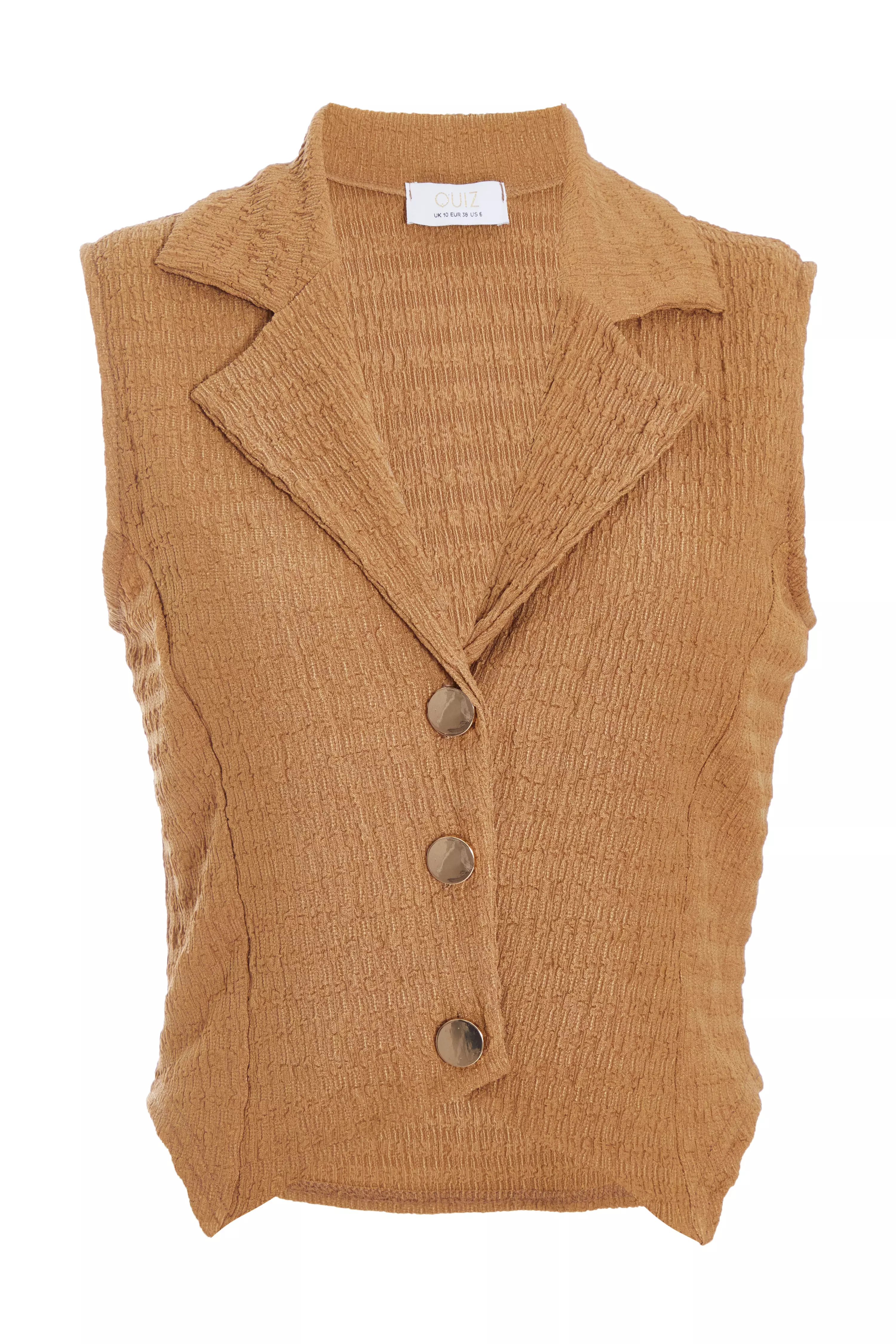 Brown Textured Button Down Sleeveless Waistcoat QUIZ Clothing