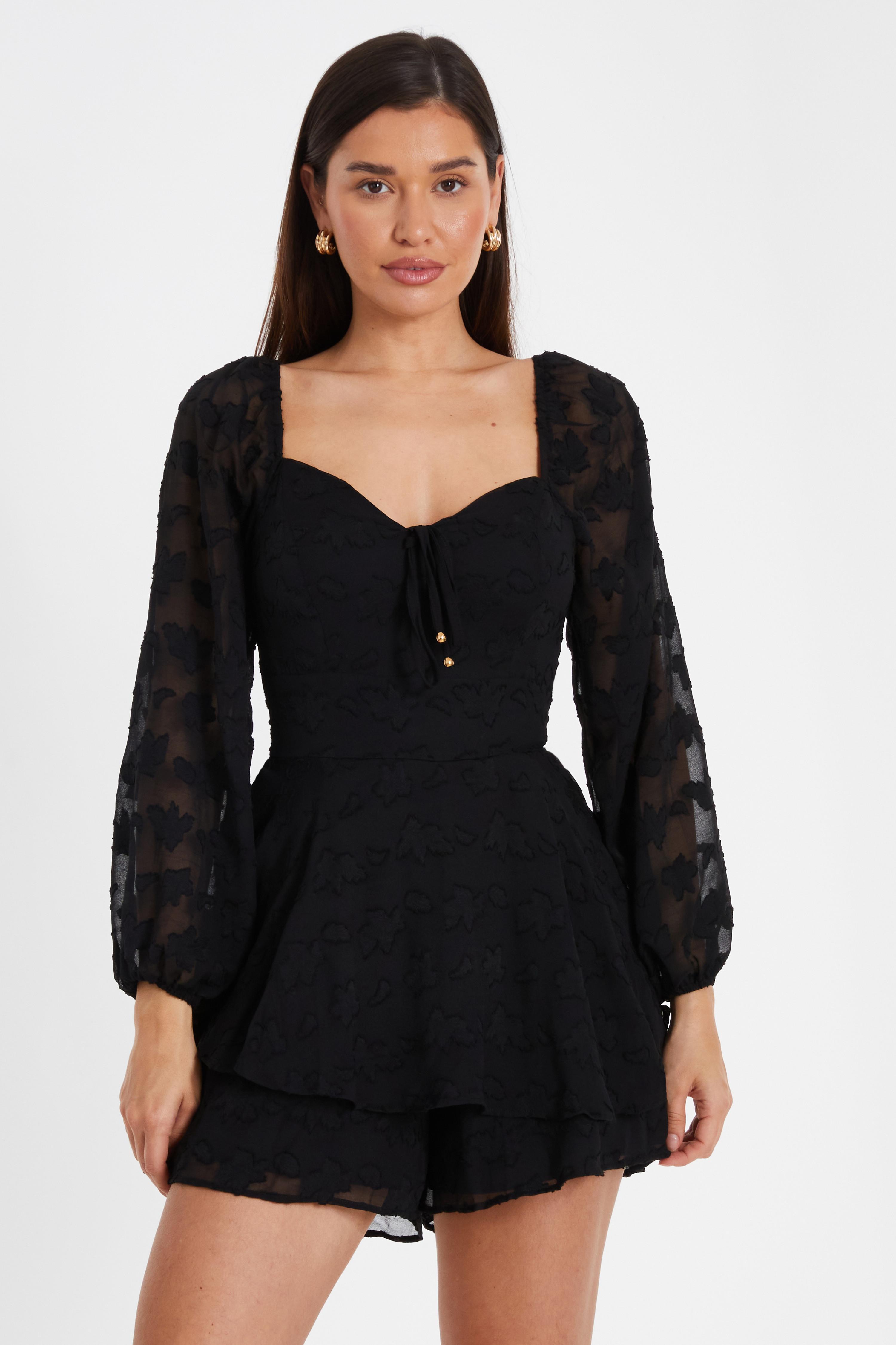 Black Floral Jacquard Tiered Playsuit QUIZ Clothing