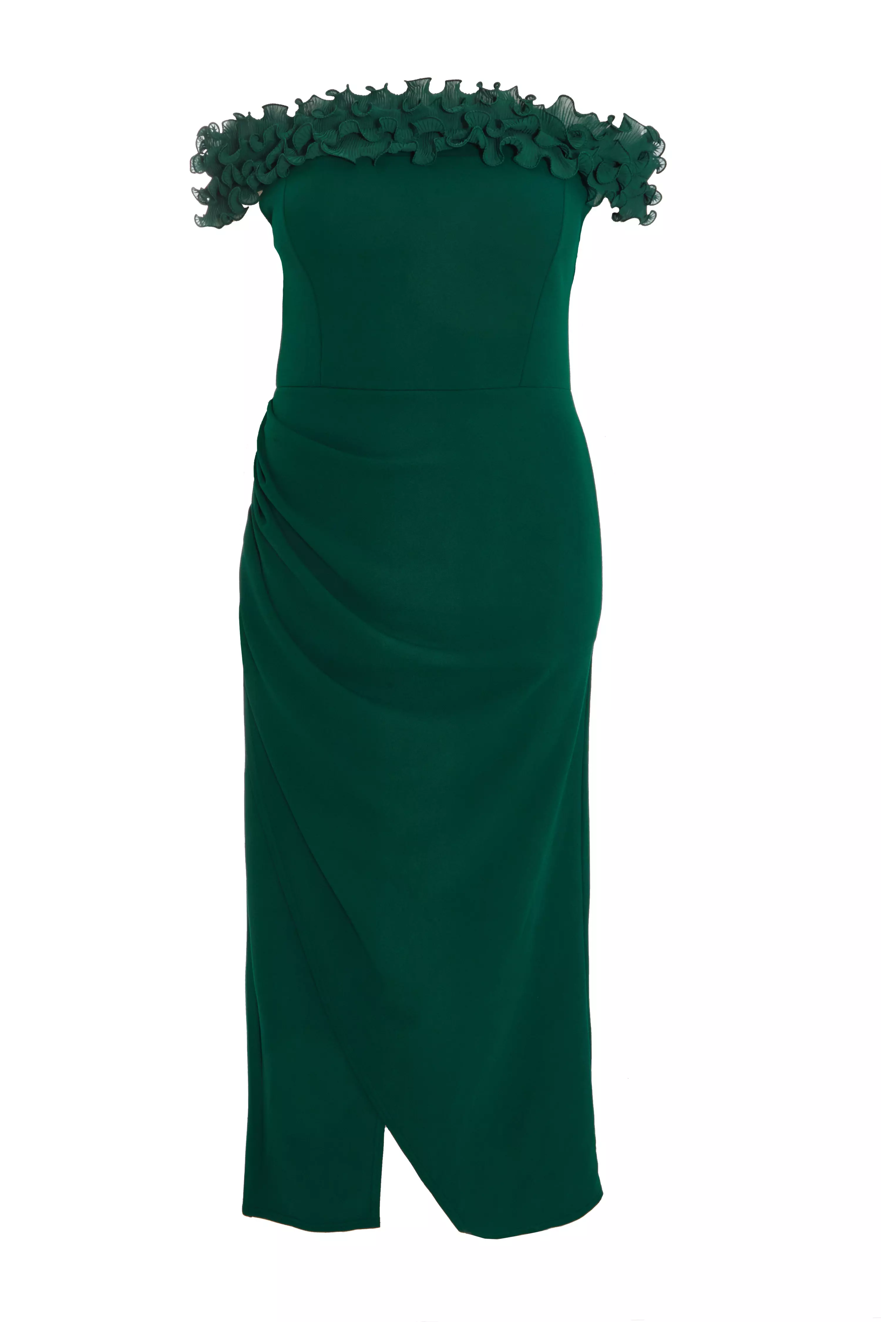 Curve Bottle Green Ruffle Bardot Maxi Dress QUIZ Clothing