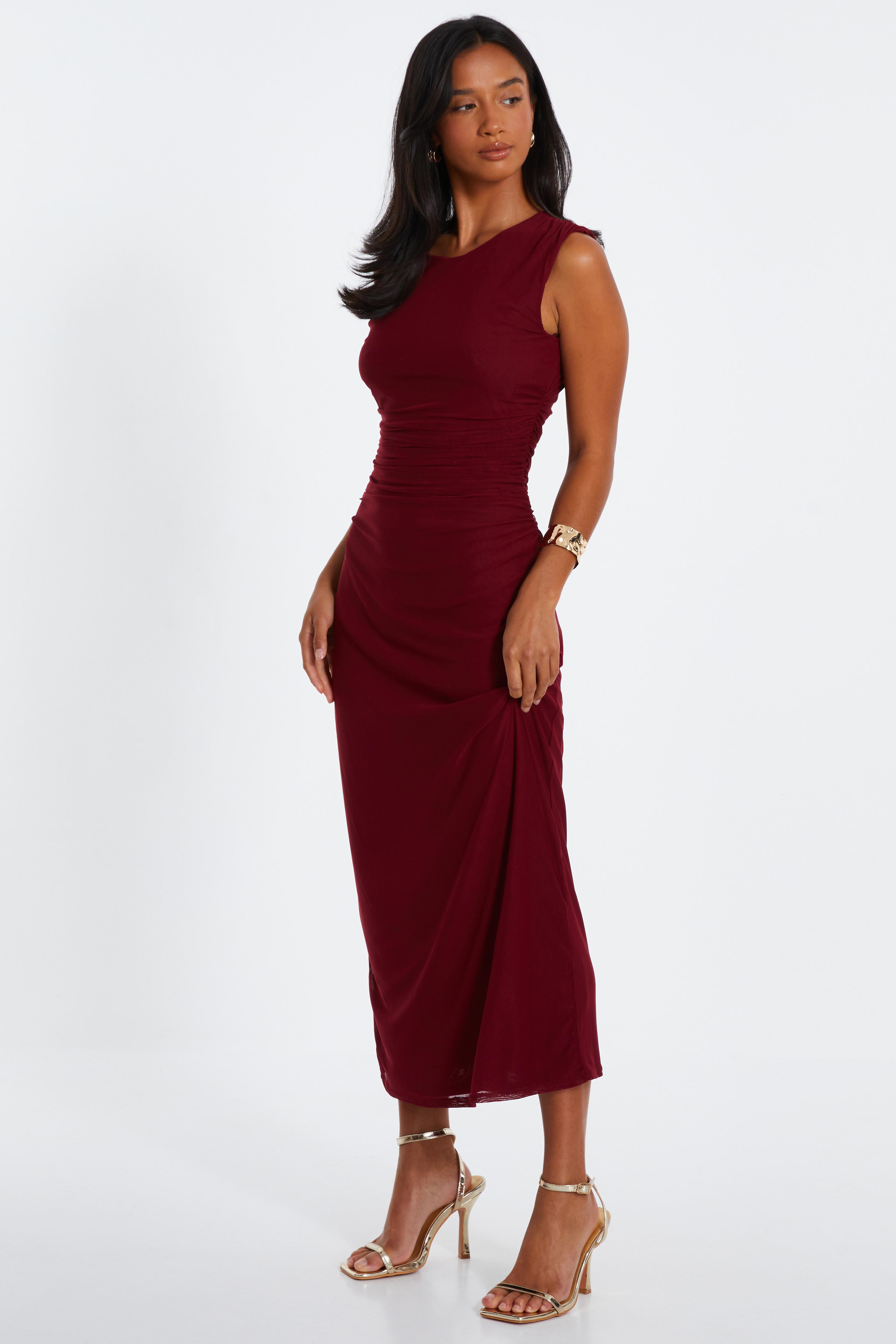 Petite Dark Red Mesh Ruched Midaxi Dress QUIZ Clothing