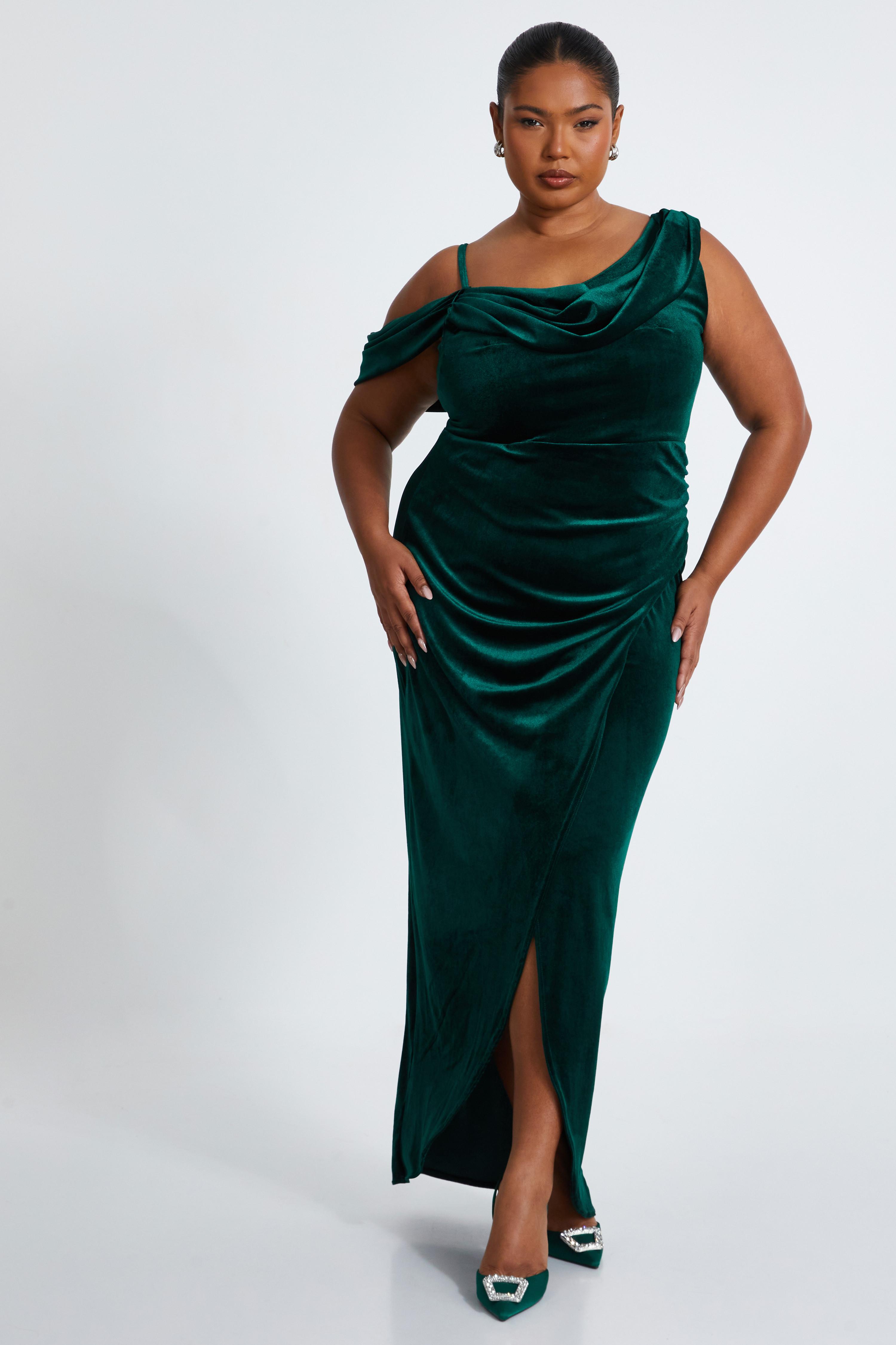 Curve Bottle Green Velvet Maxi Dress QUIZ Clothing