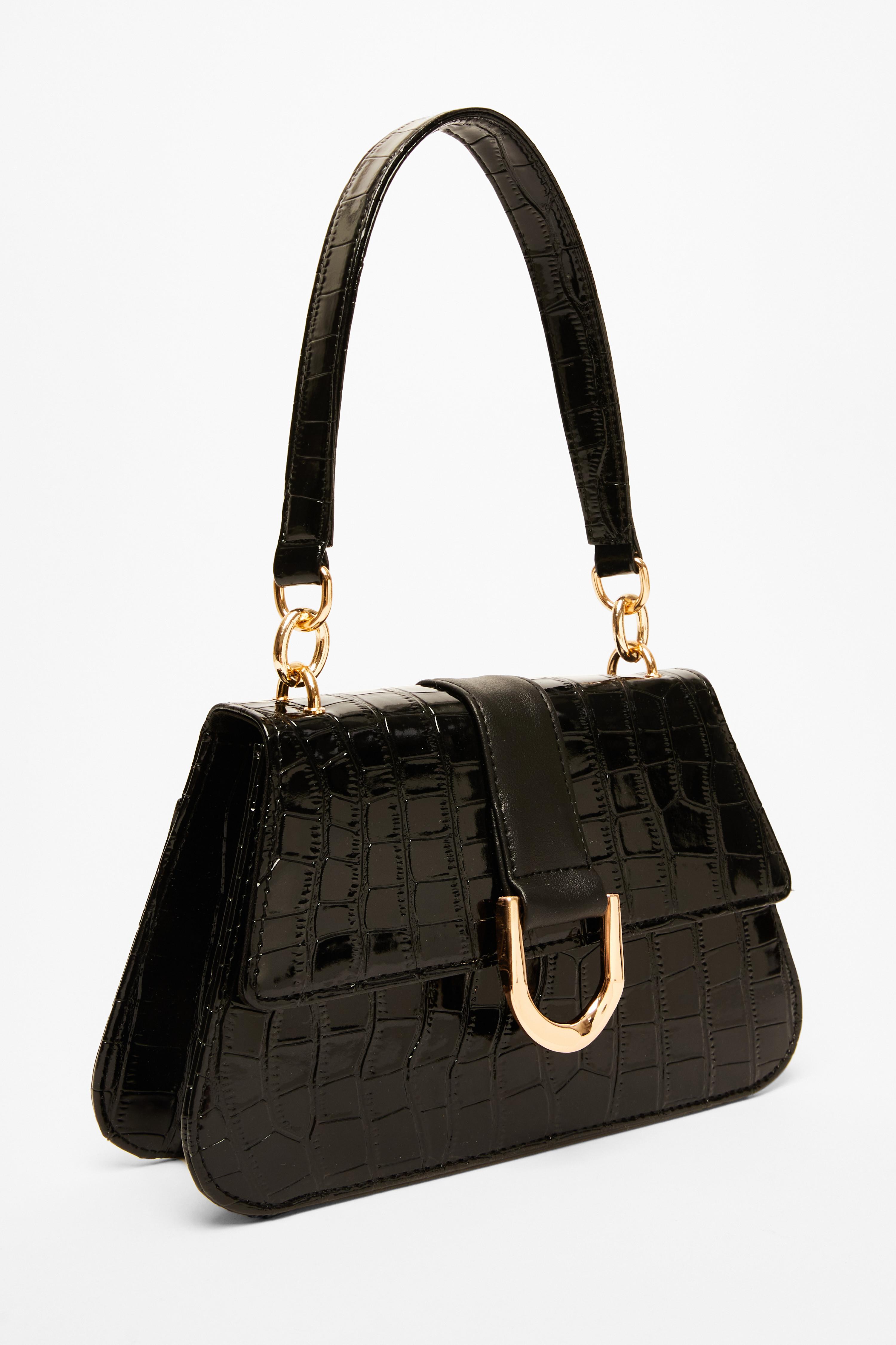 Black Faux Leather Croc Shoulder Bag QUIZ Clothing