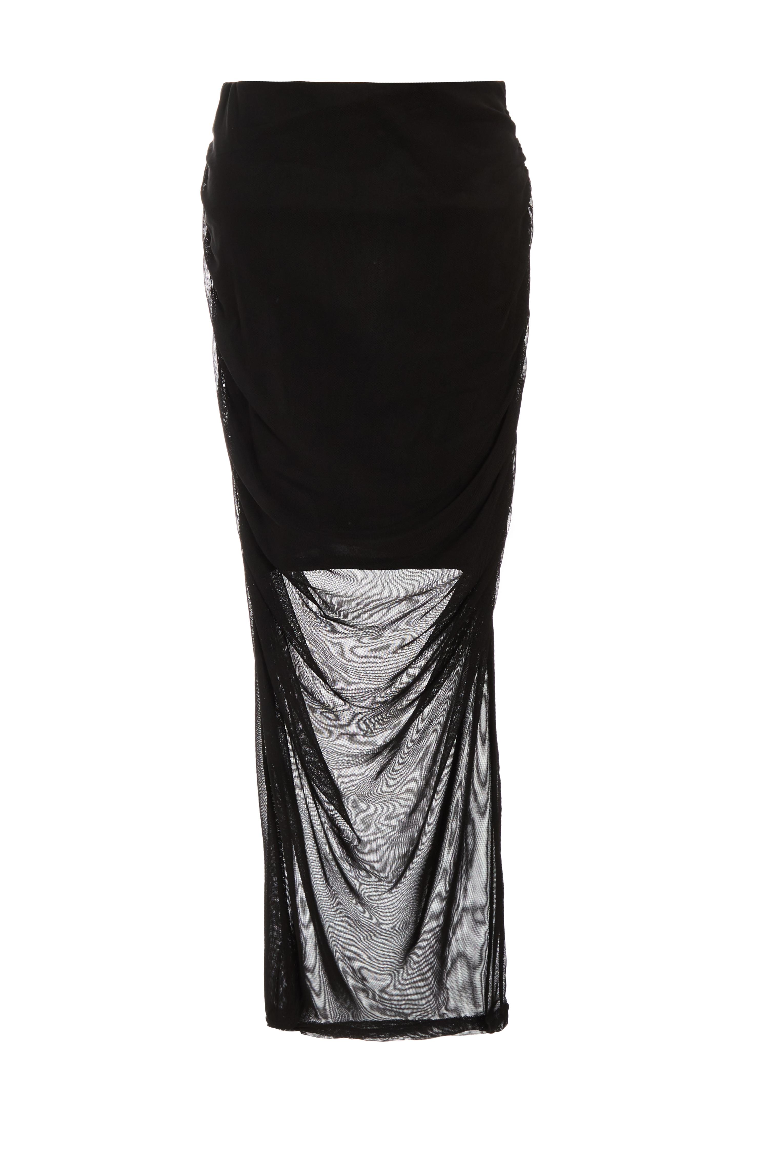 Black Mesh Ruched Midaxi Skirt QUIZ Clothing