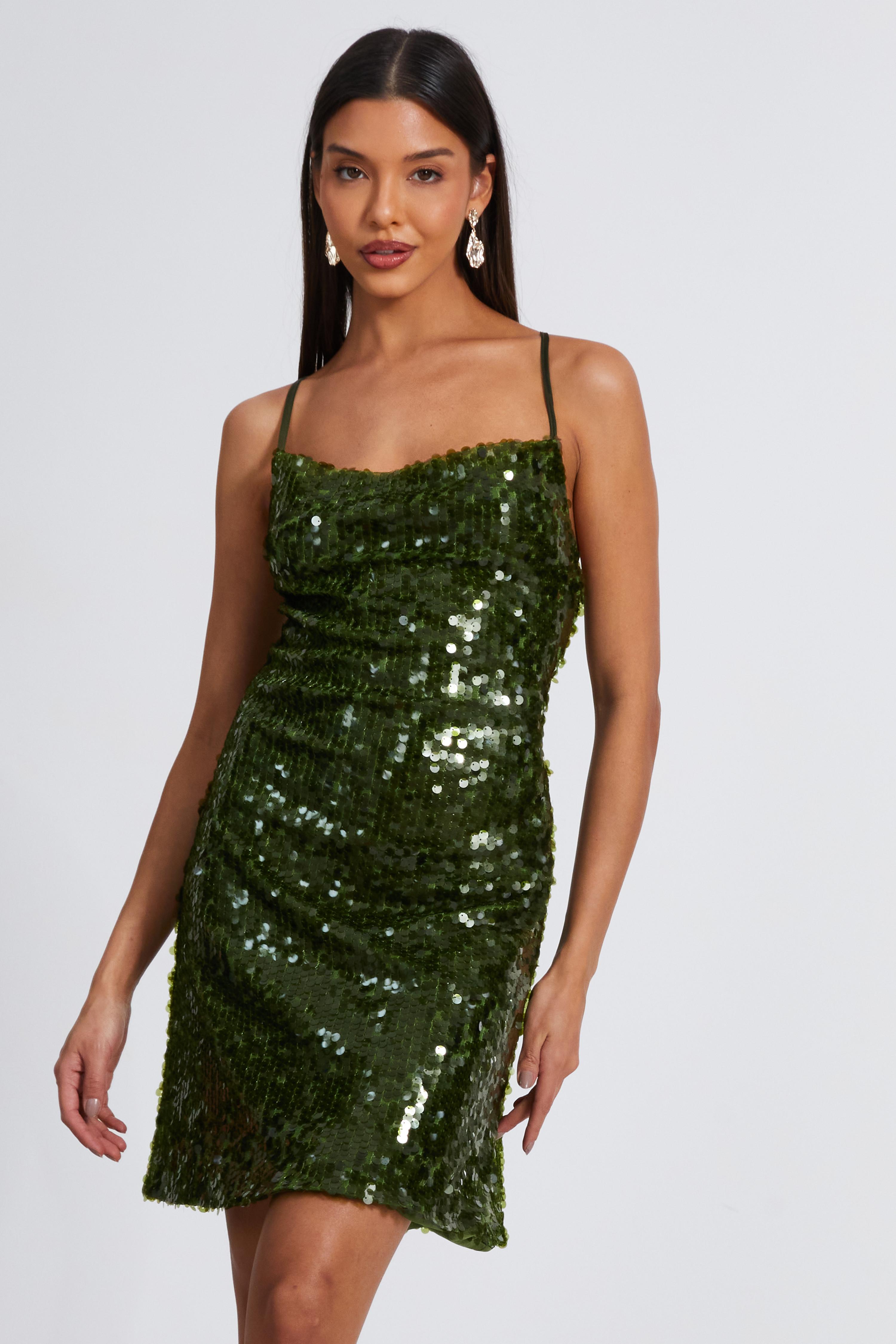 Green Sequin Cowl Mini Dress QUIZ Clothing