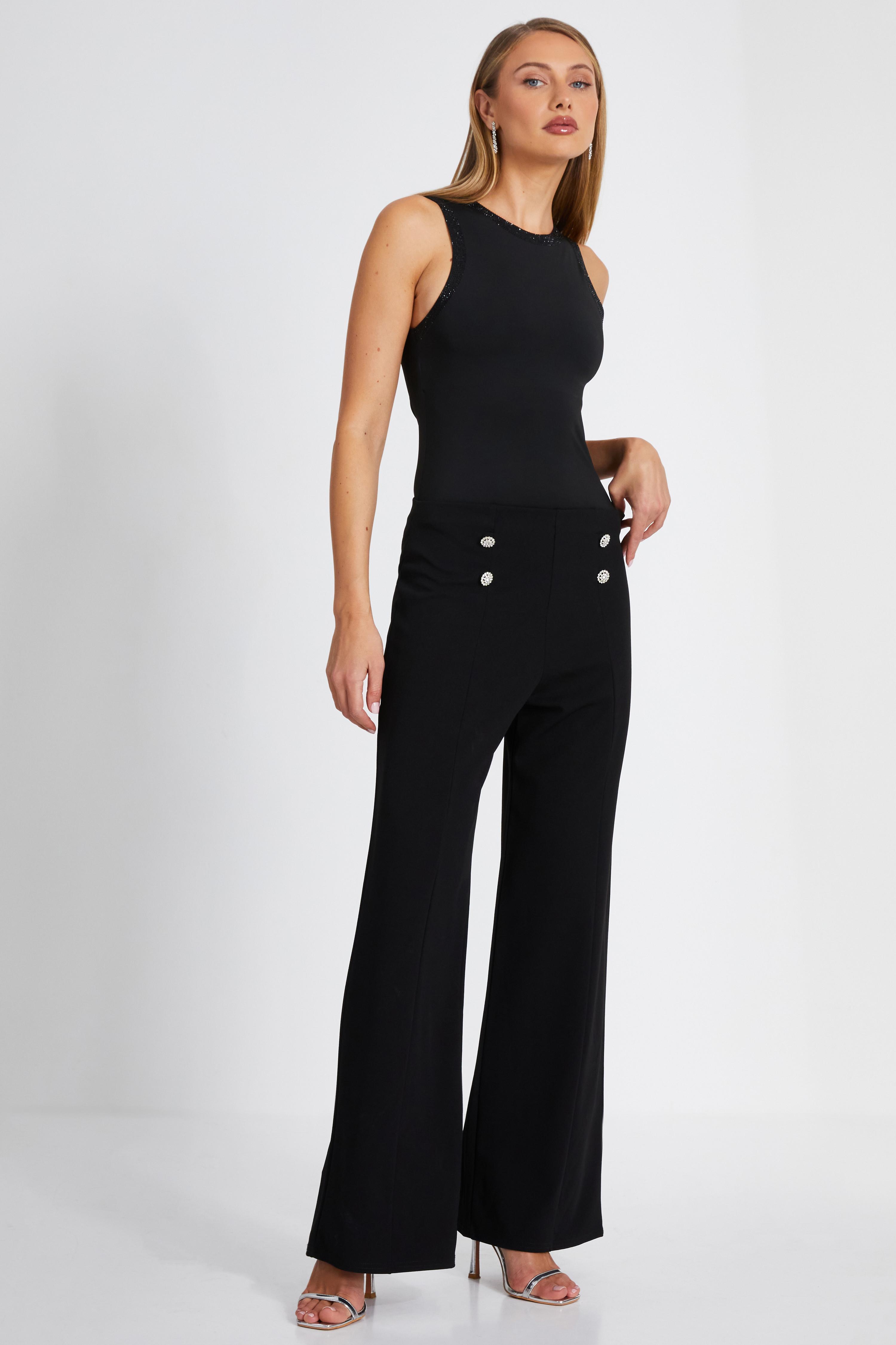 Black Diamante Button Palazzo Trousers QUIZ Clothing