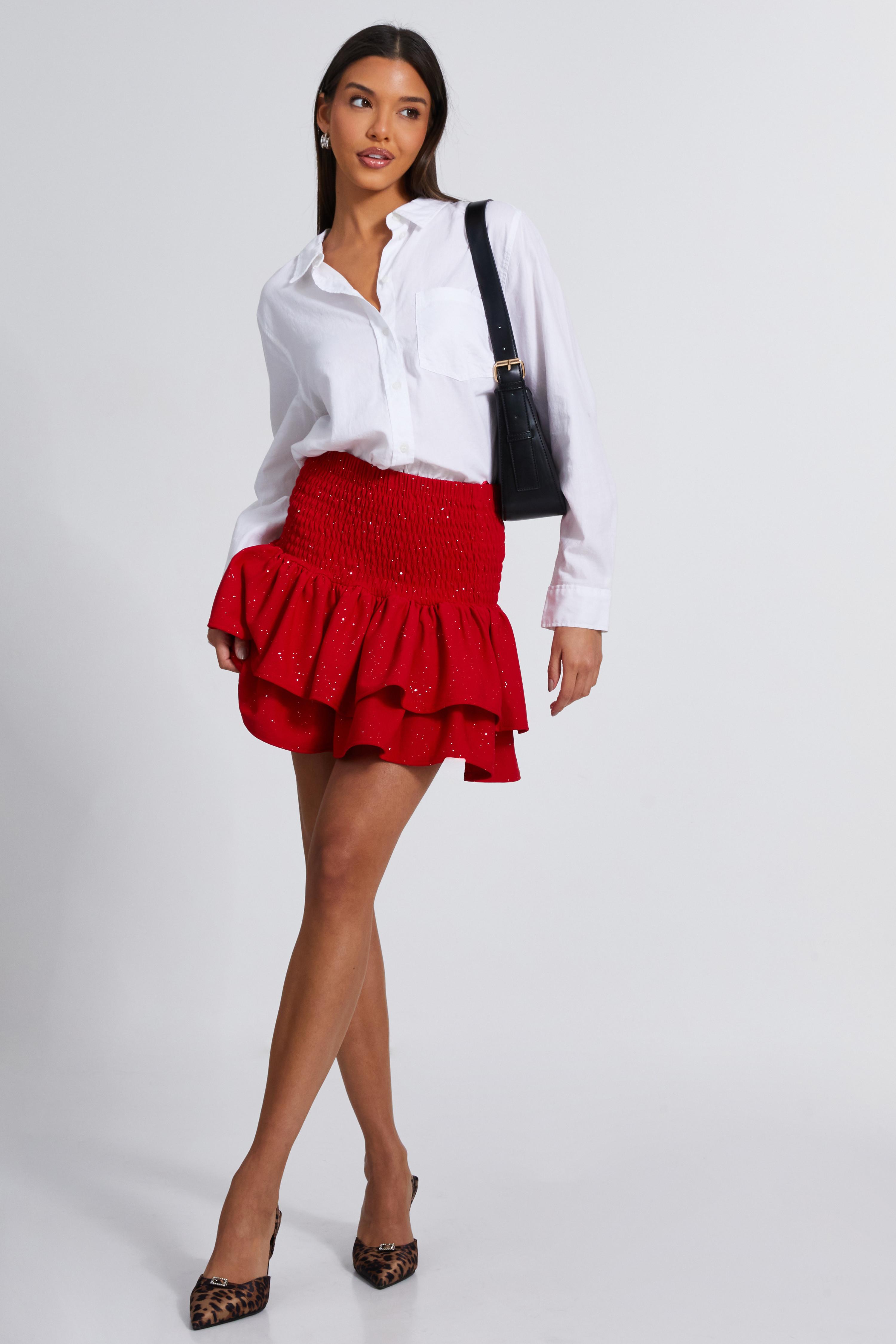 Red Glitter Shirred Waist Skirt