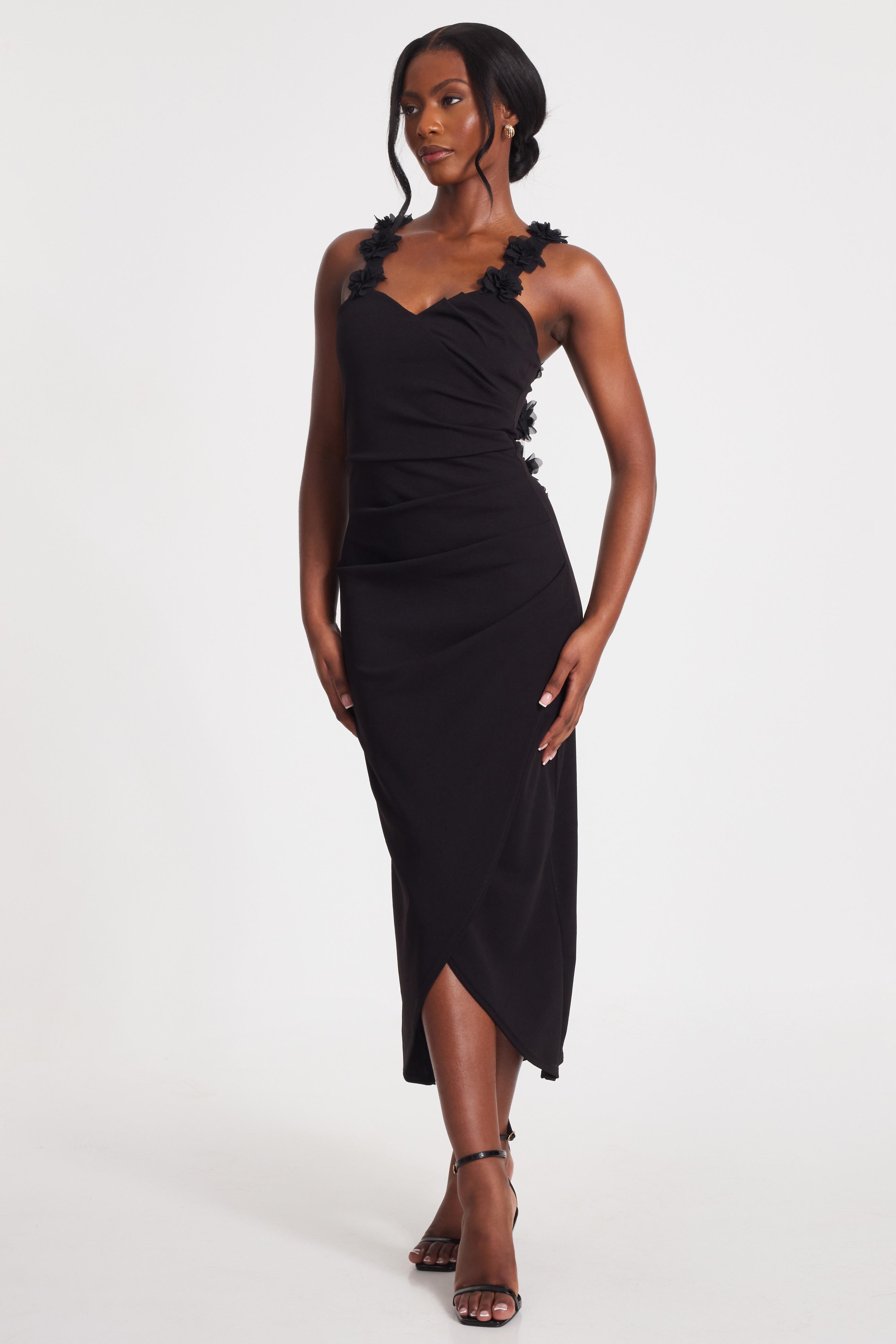 イマテリアル　midnight veil dressブラック Black Floral Trim Midaxi Dress - QUIZ Clothing