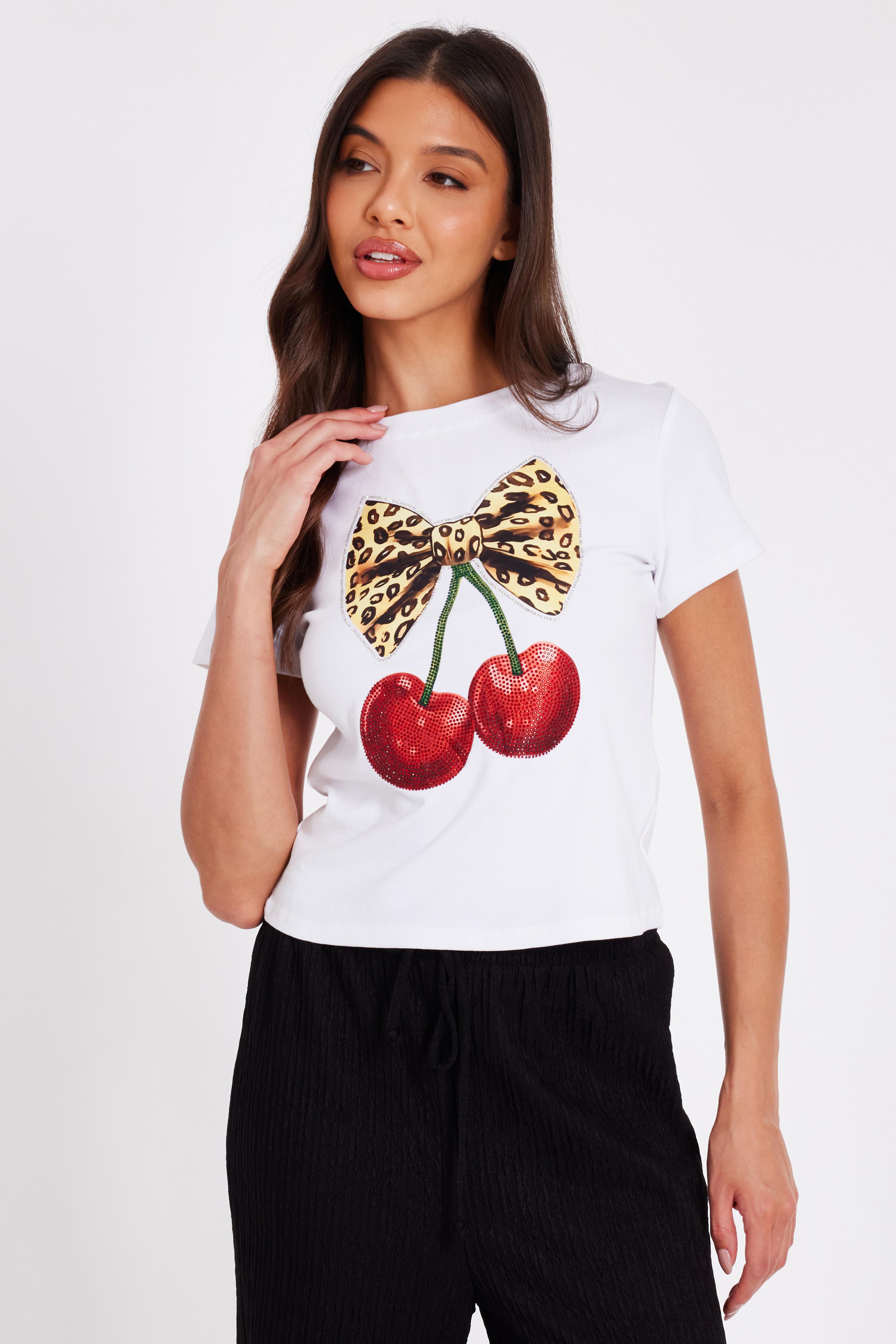 White Cherry Print Crop Top - QUIZ Clothing