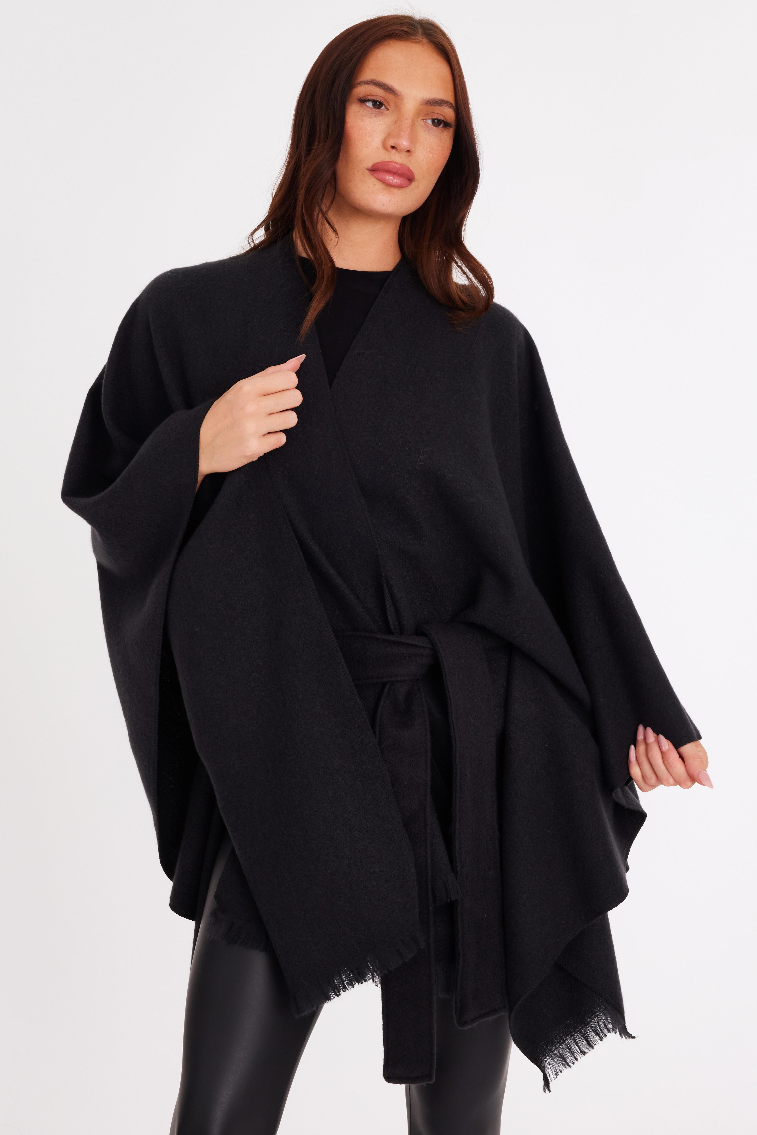 Black Tie Waist Cape QUIZ Clothing
