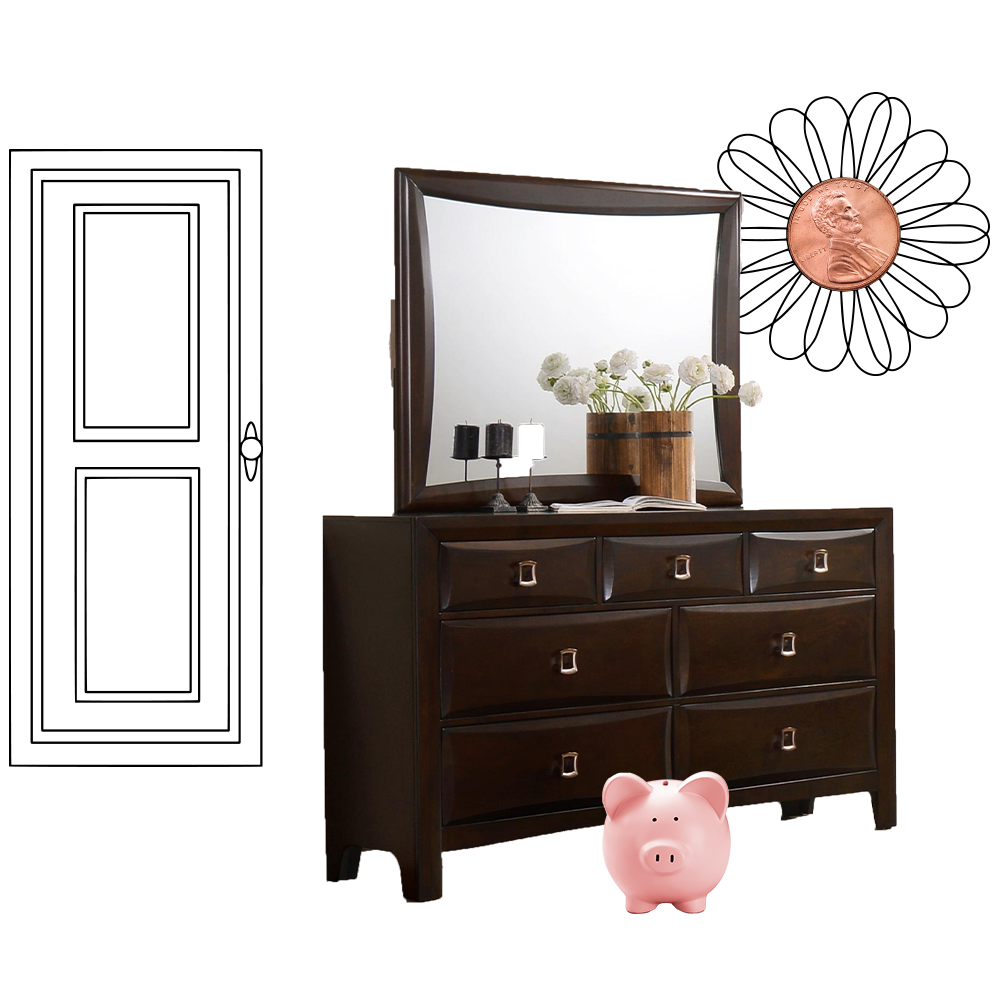 A collage featuring a dresser with a mirror, a piggy bank, a penny with a floral design around it, and a door.