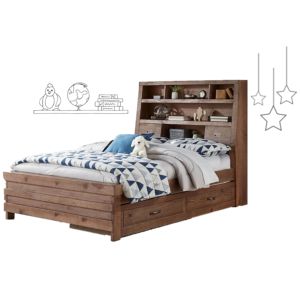 A bed with a stuffed animal sitting on it, built in drawers underneath, and shelving in the headboard. There are drawings on either side, one of a shelf with a globe and toys, and one of hanging stars.