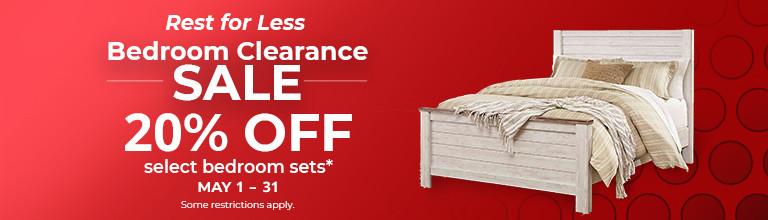 Rest for Less Bedroom clearance sale. 20% off select bedroom sets May 1-31. Some restritions apply