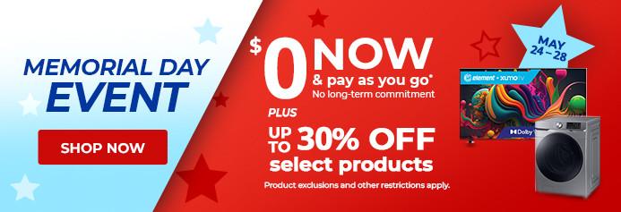 Memorial day event. $0 now and pay as you go. No long-term commitment. up to 30% off select products. Product exclusions and other restrictions apply. May 24-28.