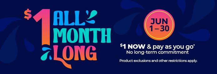 $1 all month long. $1 Now and pay as you go. No long-term commitment. Product exclusions and other restrictions apply. Jun 1-30.