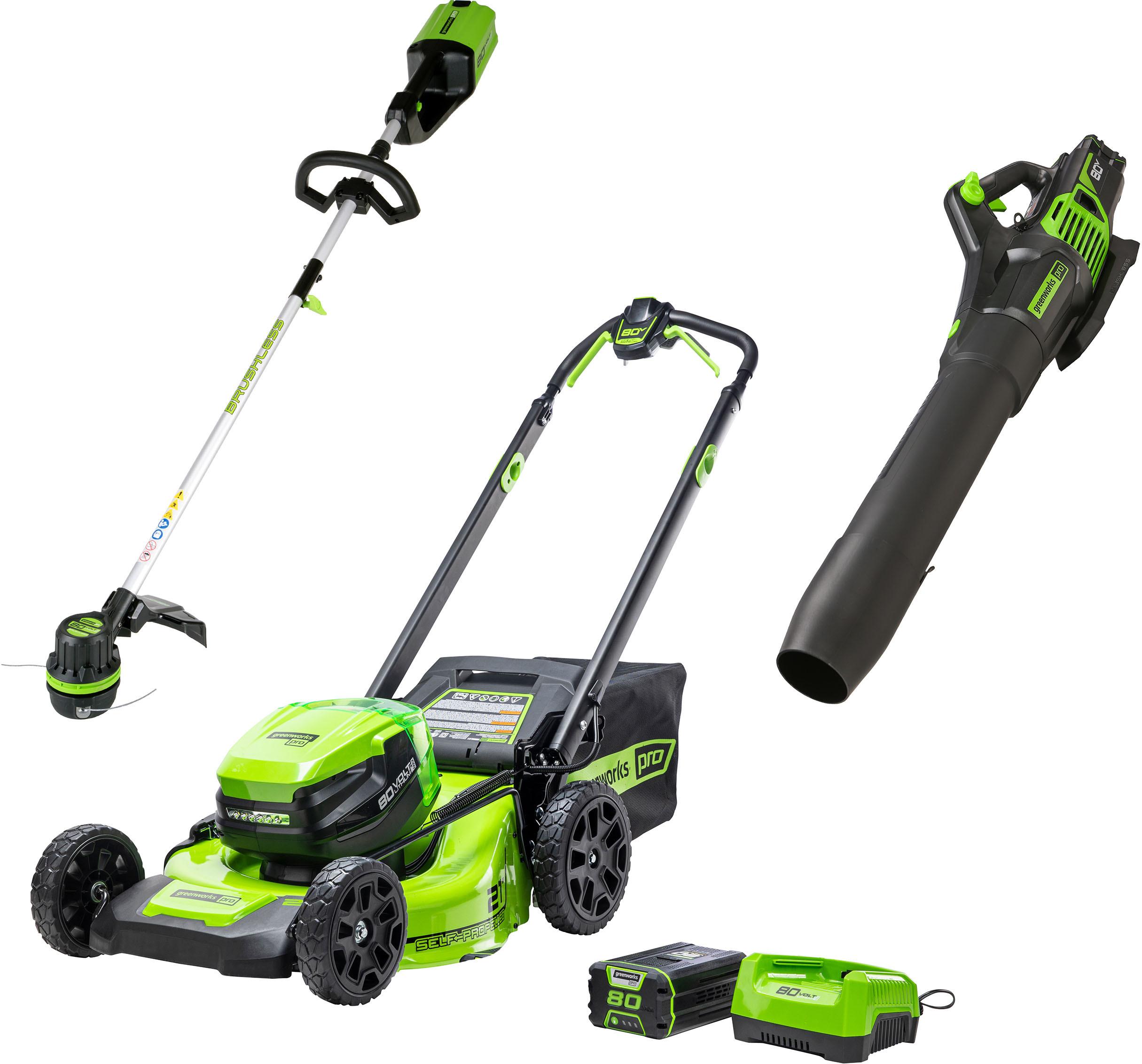 Rent to Own Greenworks 80V 21” Lawn Mower, 13” String Trimmer, and