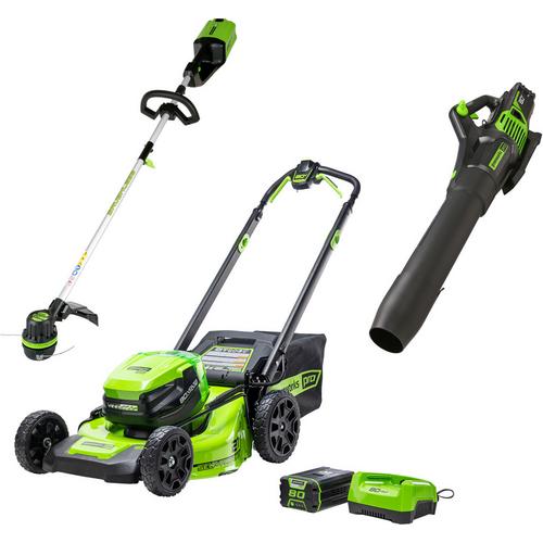 Rent to Own Greenworks 80V 21” Lawn Mower, 13” String Trimmer, and 730 Lear  Blower Combo with 4 Ah Battery & Charger) 3-piece combo - Green at Aaron's  today!