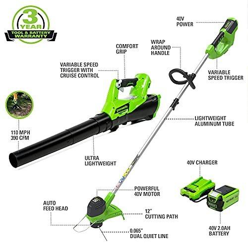 Greenworks 40V Cordless String Trimmer and Leaf Blower Combo Kit, 2.0Ah w/ Battery and Charger - Thumbnail 3