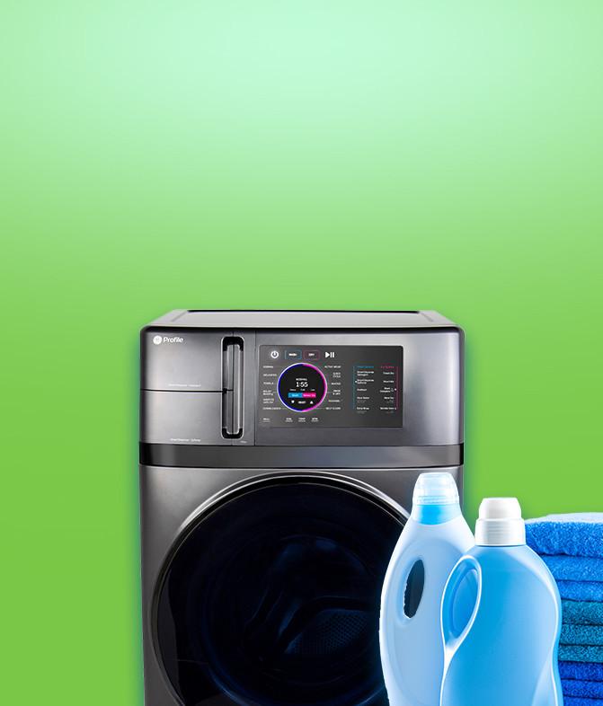 Washer with landry detergent and towels.