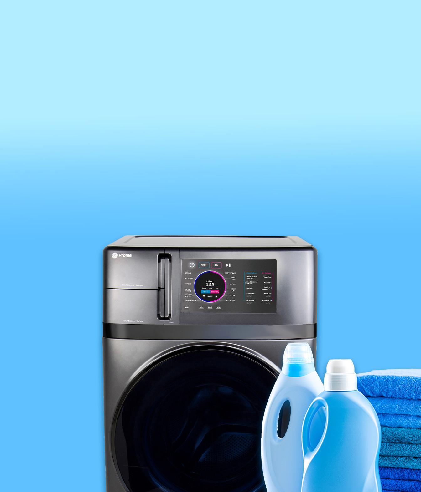 Washer with landry detergent and towels.