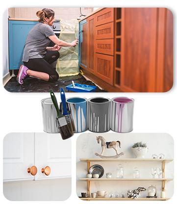 Woman kneeling on kitchen floor painting cabinets. Paint buckets. Shelf with dishes.