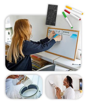 Woman at whiteboard and another woman painting.