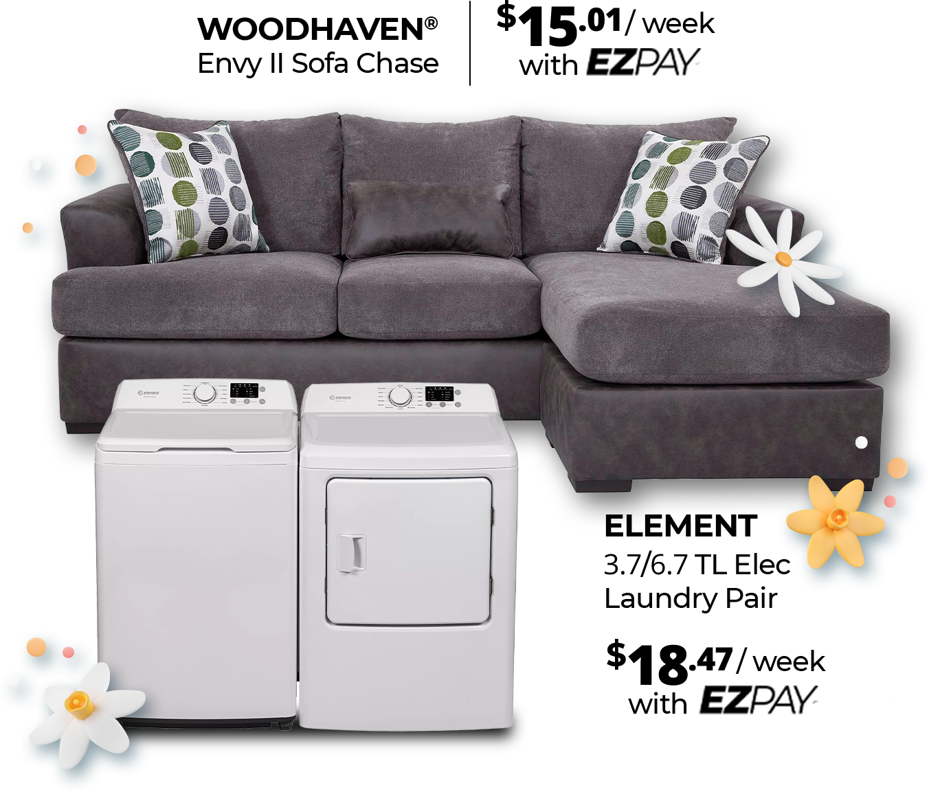 couch and washer/dryer set.