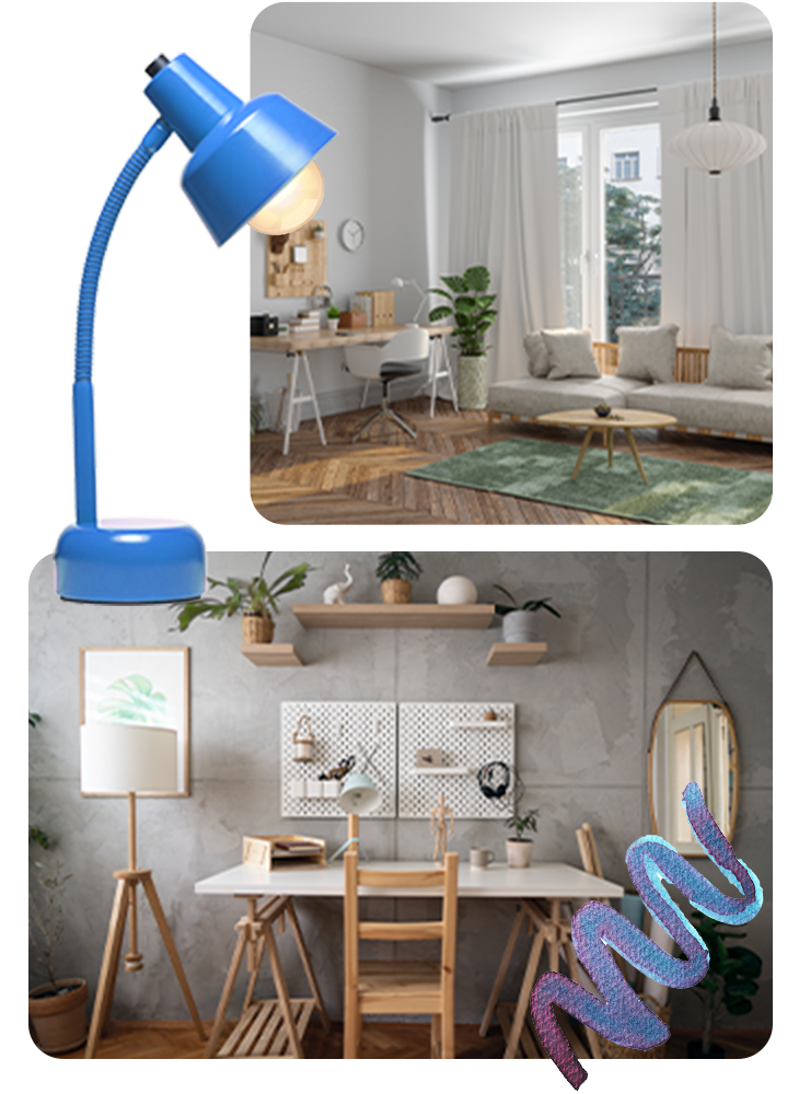 Two different desk setups with lamps.