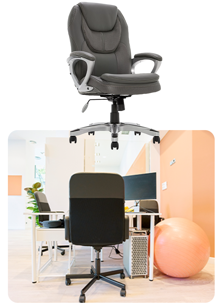 Two office chairs and a yoga ball.