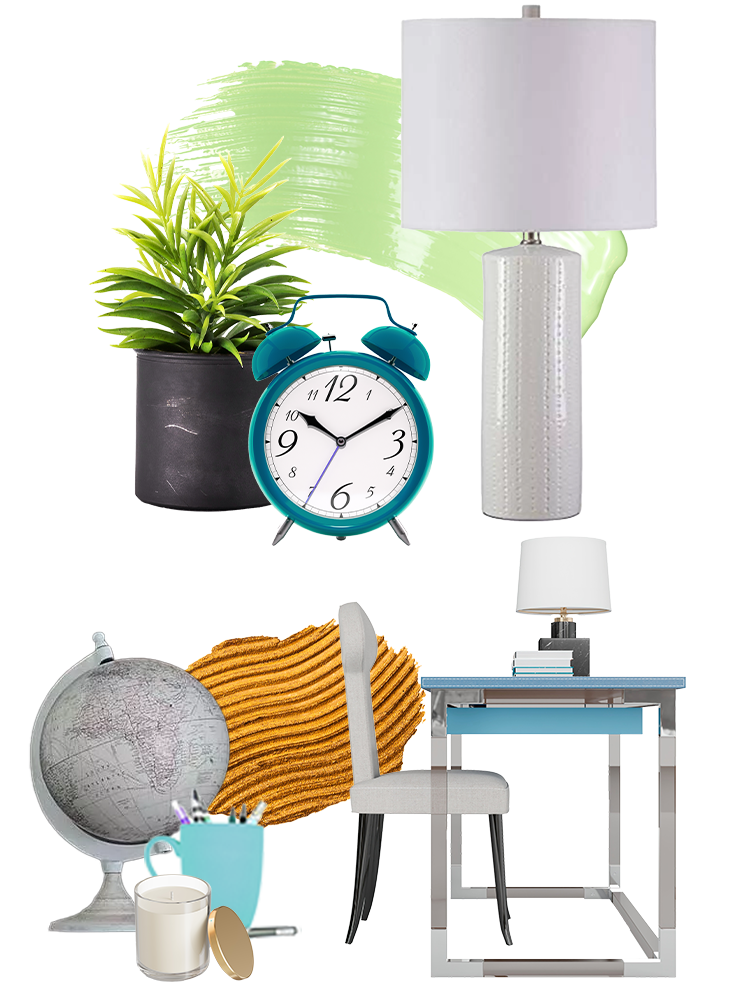 Desk, lamp, chair, globe, clock, splashes of color.
