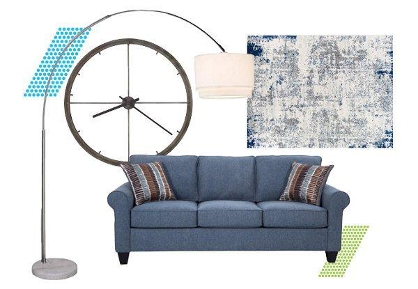 Chic furniture, including a blue couch, a clock, a curved floor lamp, and an absrtact painting