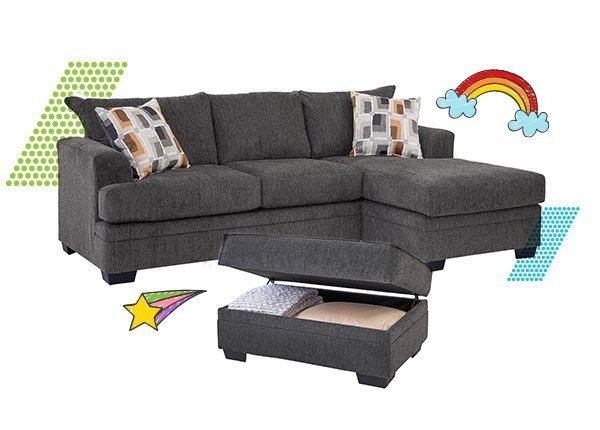 A large, comfy couch with a storage ottoman. The feature has child-like drawings of a shooting star and a rainbow at the corners.