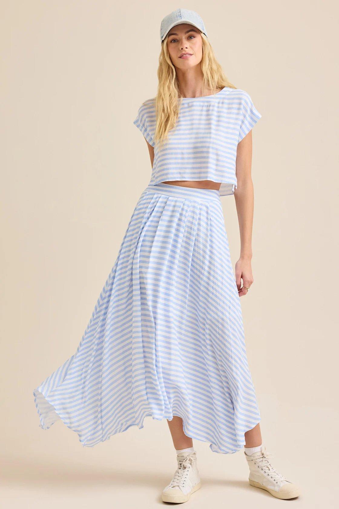 white and blue striped linen midi skirt