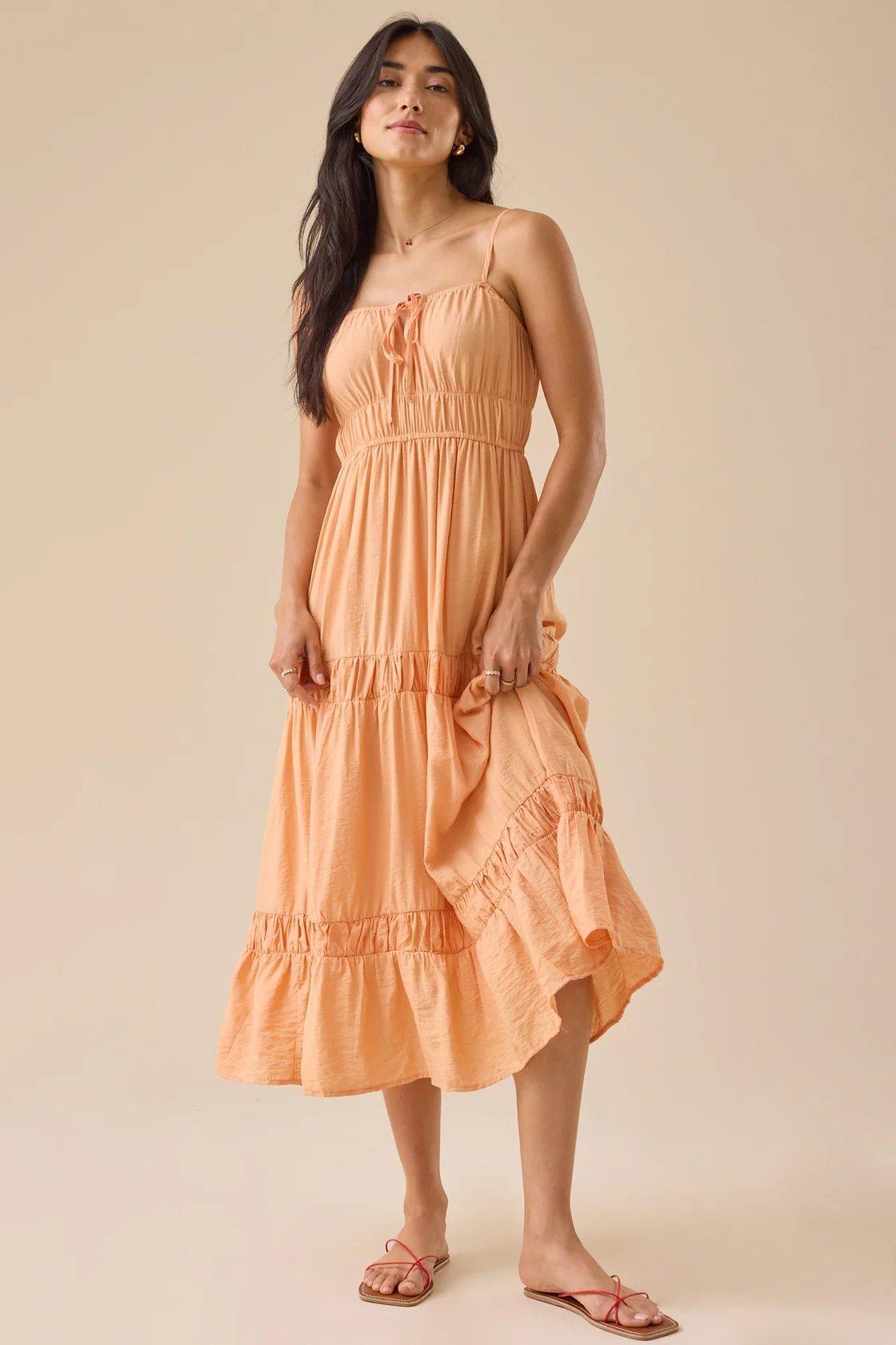 light orange tiered midi dress