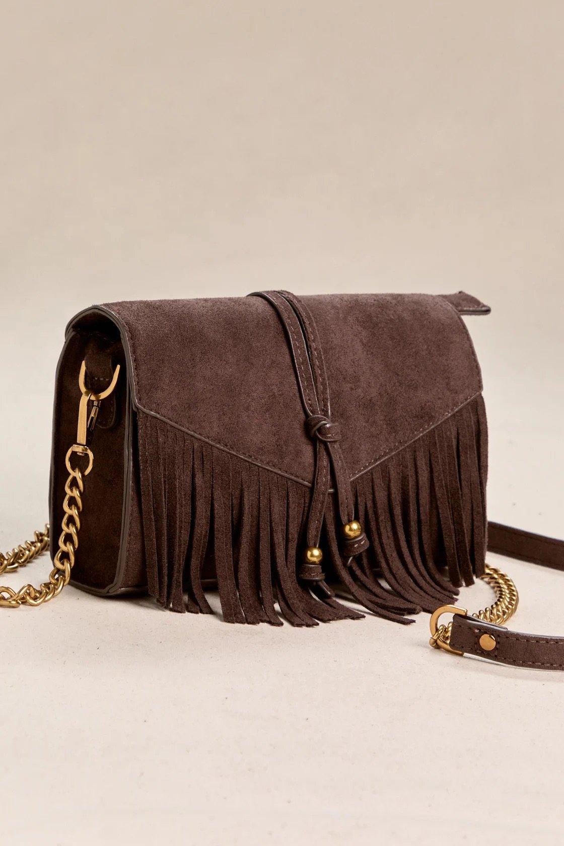 brown suede crossbody with fringe detail