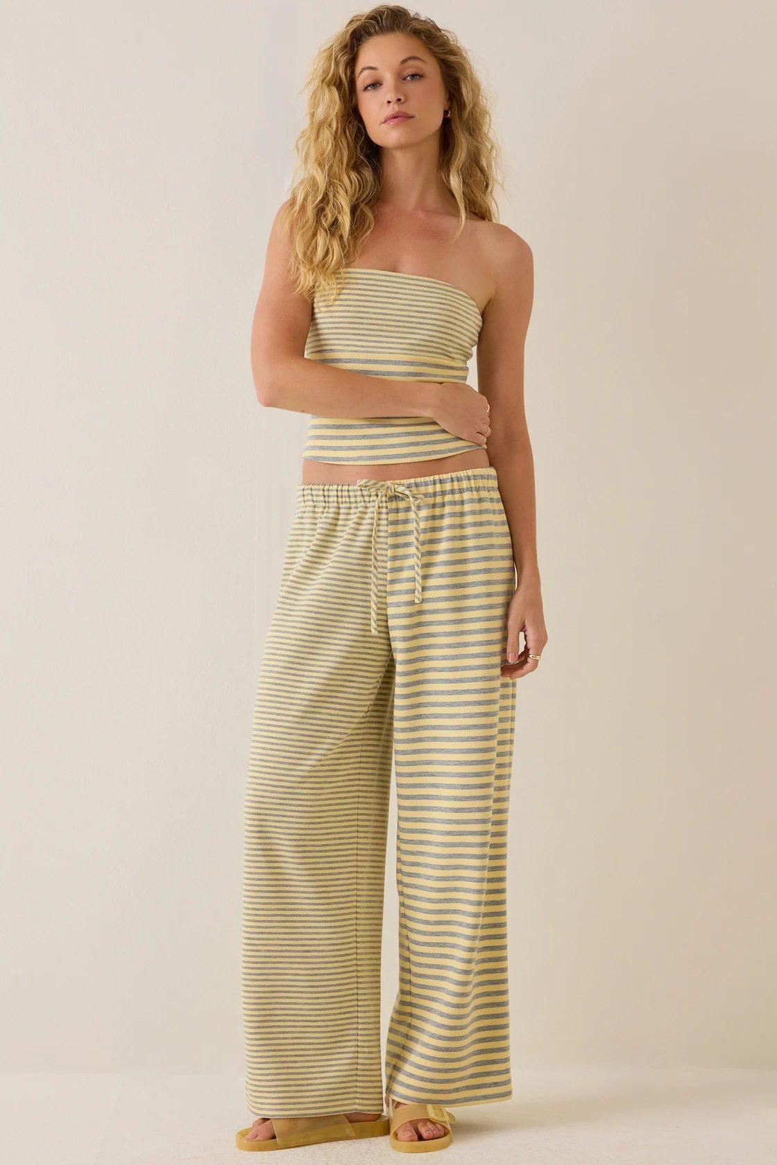 yellow and gray striped loungewear set