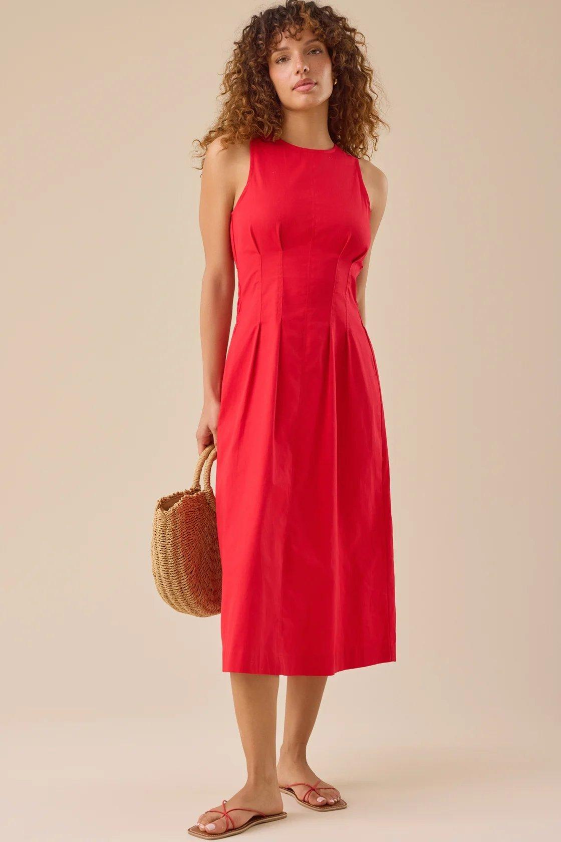 red fit and flare midi dress